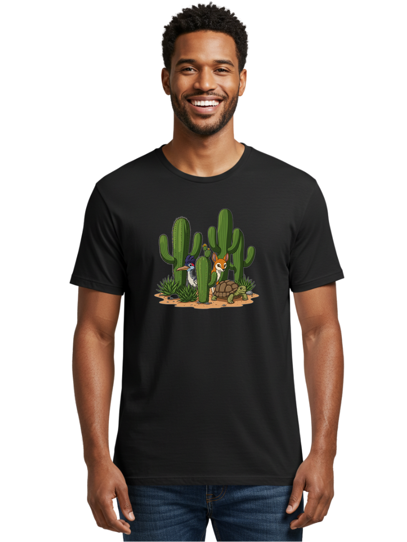 Kingfisher-Fennec-Fox-And-Turtle Men'S Graphic Tee, 100% Cotton, Comfortable Casual Summer Wear, Machine Washable, Cartoon Animals, Desert Wildlife, Cacti, Kingfisher Bird, Fennec Fox, Turtle, Desert Landscape, Wildlife Illustration, Bad252 28