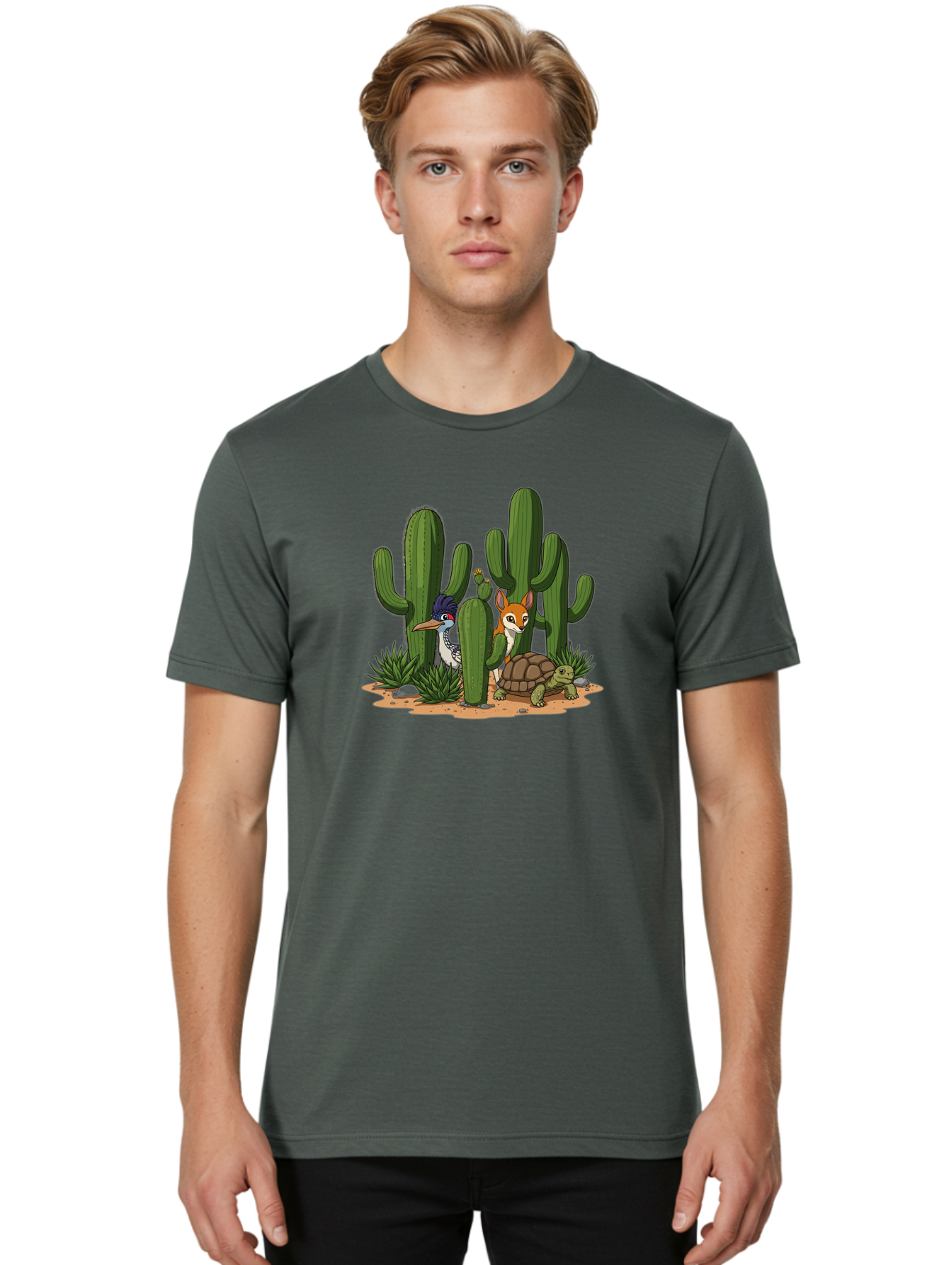 Kingfisher-Fennec-Fox-And-Turtle Men'S Graphic Tee, 100% Cotton, Comfortable Casual Summer Wear, Machine Washable, Cartoon Animals, Desert Wildlife, Cacti, Kingfisher Bird, Fennec Fox, Turtle, Desert Landscape, Wildlife Illustration, Bad252 30