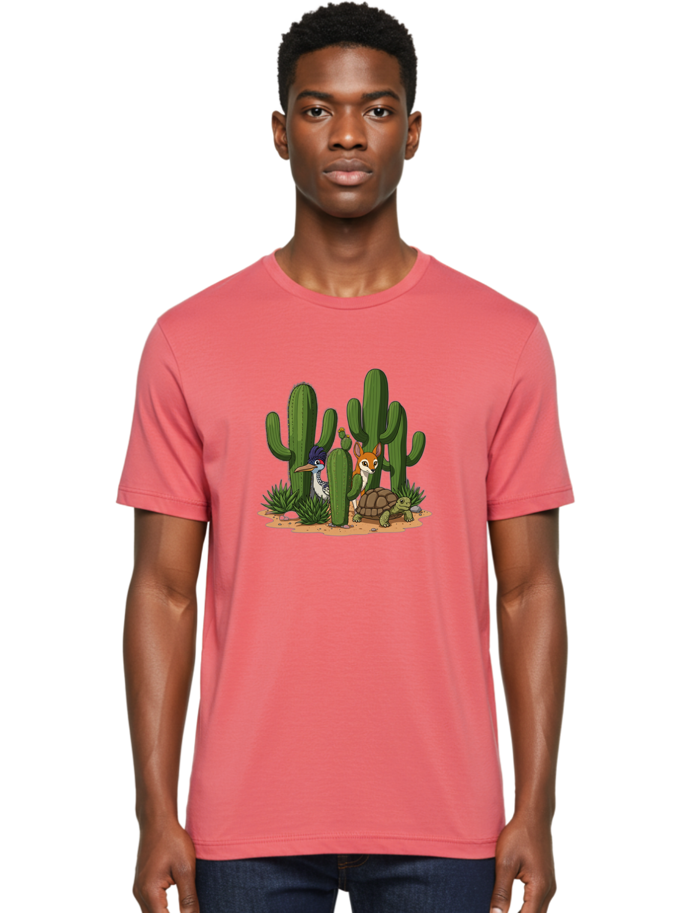 Kingfisher-Fennec-Fox-And-Turtle Men'S Graphic Tee, 100% Cotton, Comfortable Casual Summer Wear, Machine Washable, Cartoon Animals, Desert Wildlife, Cacti, Kingfisher Bird, Fennec Fox, Turtle, Desert Landscape, Wildlife Illustration, Bad252 21