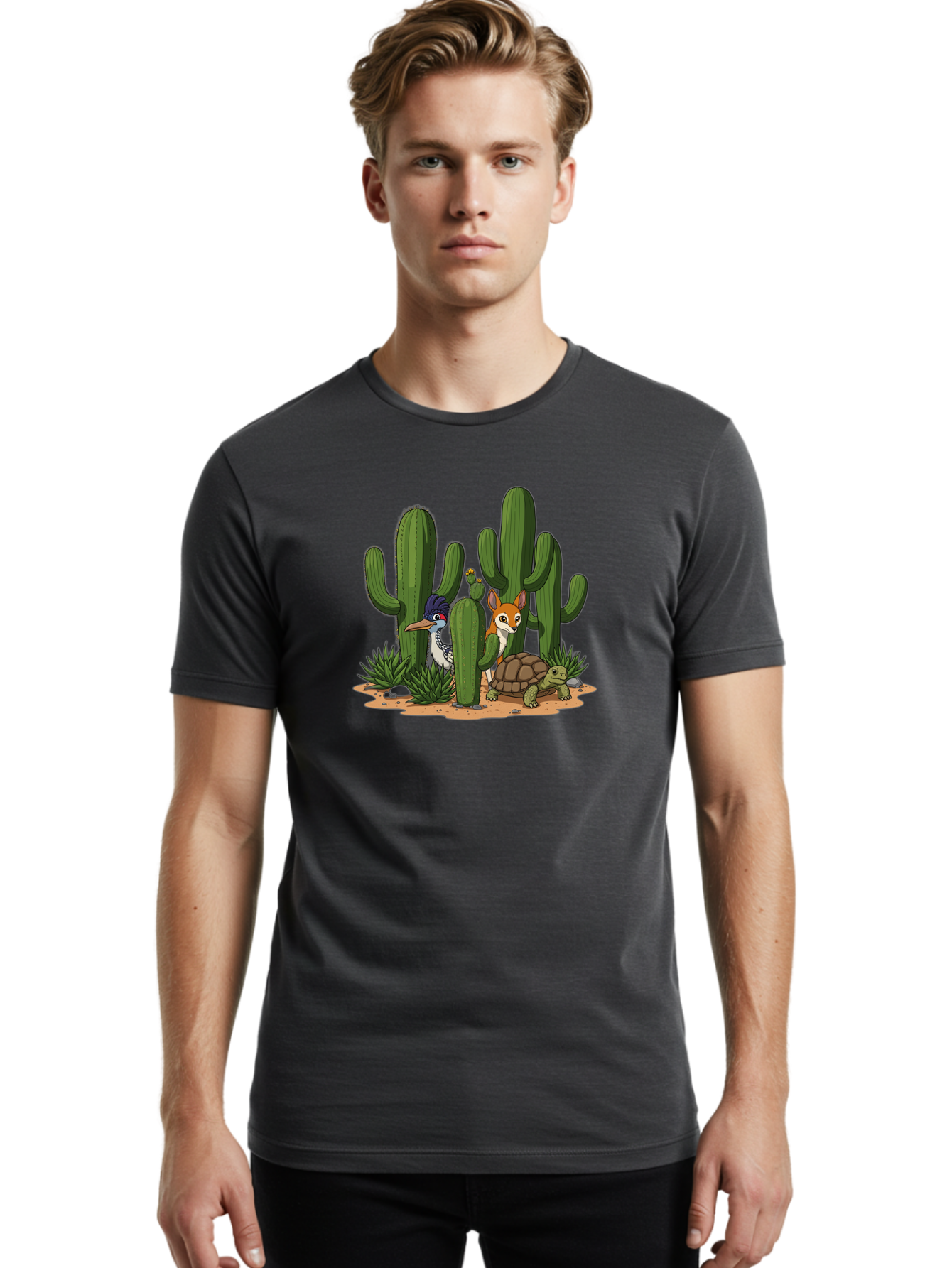 Kingfisher-Fennec-Fox-And-Turtle Men'S Graphic Tee, 100% Cotton, Comfortable Casual Summer Wear, Machine Washable, Cartoon Animals, Desert Wildlife, Cacti, Kingfisher Bird, Fennec Fox, Turtle, Desert Landscape, Wildlife Illustration, Bad252 19
