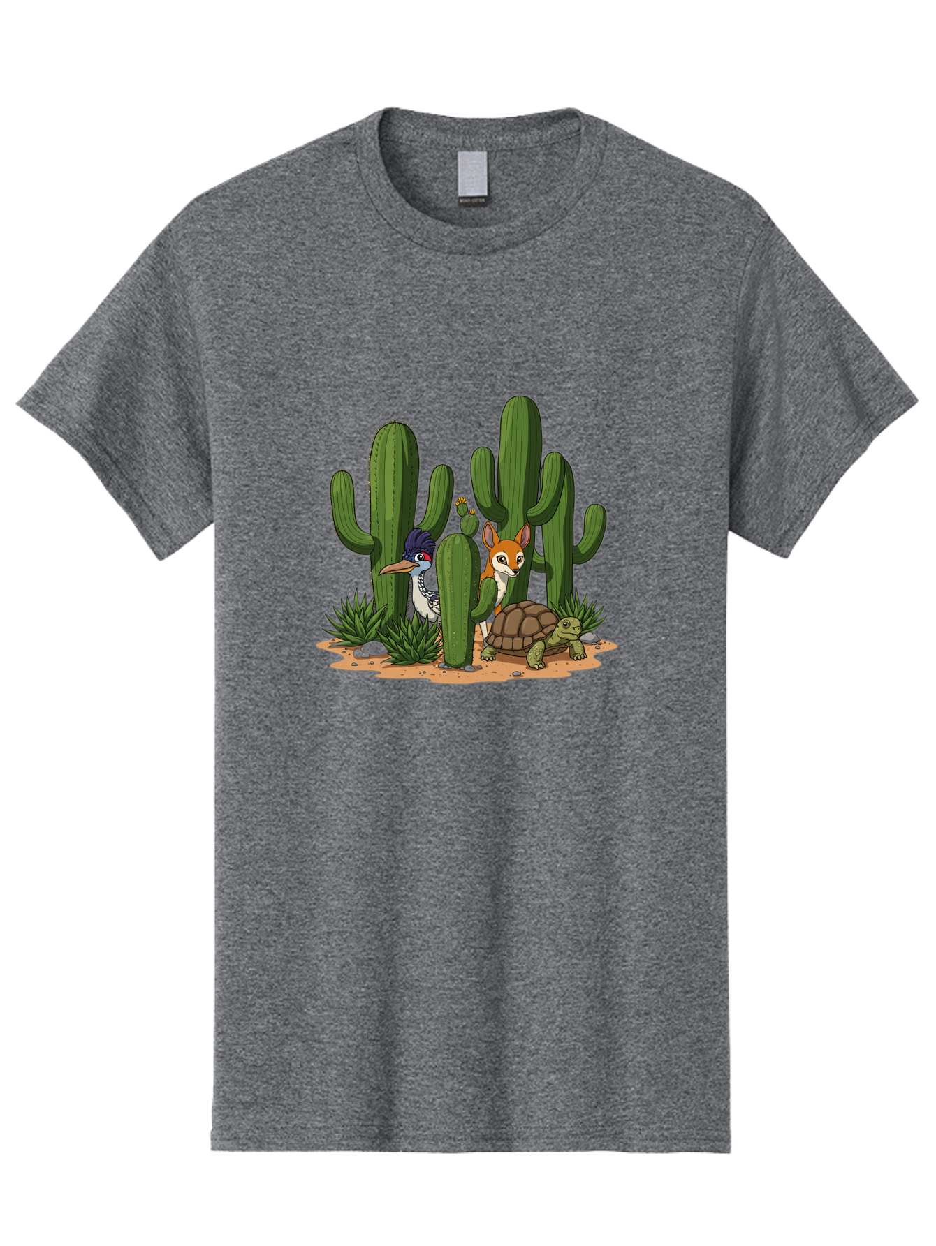 Kingfisher-Fennec-Fox-And-Turtle Men'S Graphic Tee, 100% Cotton, Comfortable Casual Summer Wear, Machine Washable, Cartoon Animals, Desert Wildlife, Cacti, Kingfisher Bird, Fennec Fox, Turtle, Desert Landscape, Wildlife Illustration, Bad252 5
