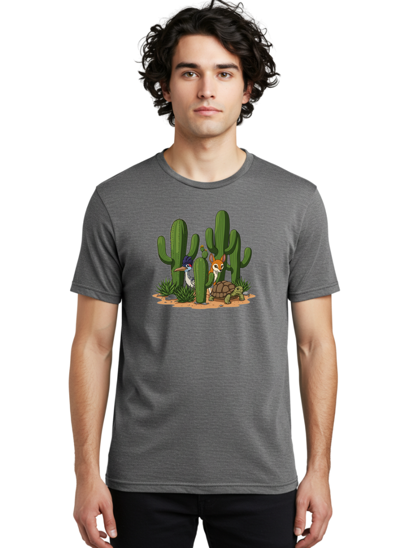 Kingfisher-Fennec-Fox-And-Turtle Men'S Graphic Tee, 100% Cotton, Comfortable Casual Summer Wear, Machine Washable, Cartoon Animals, Desert Wildlife, Cacti, Kingfisher Bird, Fennec Fox, Turtle, Desert Landscape, Wildlife Illustration, Bad252 20