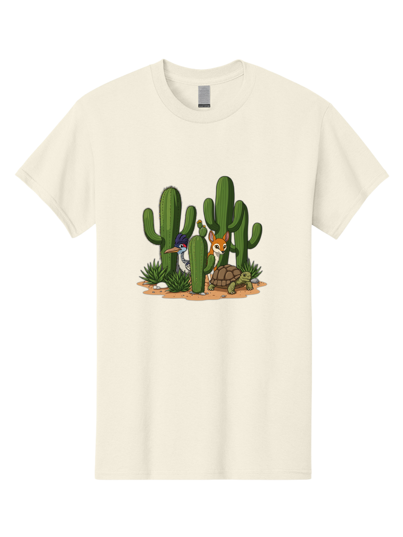 Kingfisher-Fennec-Fox-And-Turtle Men'S Graphic Tee, 100% Cotton, Comfortable Casual Summer Wear, Machine Washable, Cartoon Animals, Desert Wildlife, Cacti, Kingfisher Bird, Fennec Fox, Turtle, Desert Landscape, Wildlife Illustration, Bad252 14