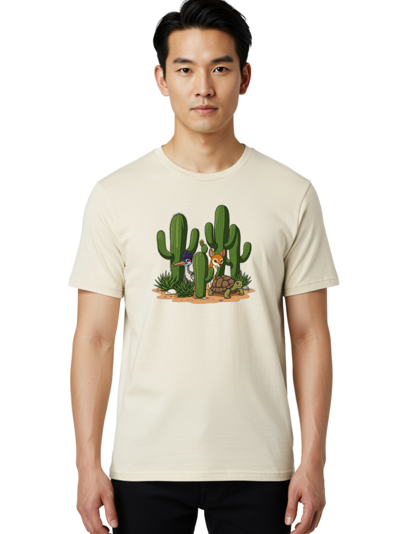 Kingfisher-Fennec-Fox-And-Turtle Men'S Graphic Tee, 100% Cotton, Comfortable Casual Summer Wear, Machine Washable, Cartoon Animals, Desert Wildlife, Cacti, Kingfisher Bird, Fennec Fox, Turtle, Desert Landscape, Wildlife Illustration, Bad252 29