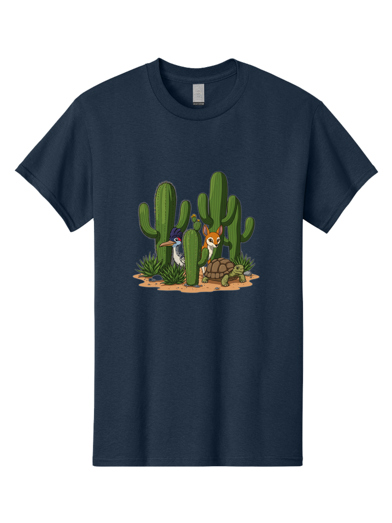 Kingfisher-Fennec-Fox-And-Turtle Men'S Graphic Tee, 100% Cotton, Comfortable Casual Summer Wear, Machine Washable, Cartoon Animals, Desert Wildlife, Cacti, Kingfisher Bird, Fennec Fox, Turtle, Desert Landscape, Wildlife Illustration, Bad252 12