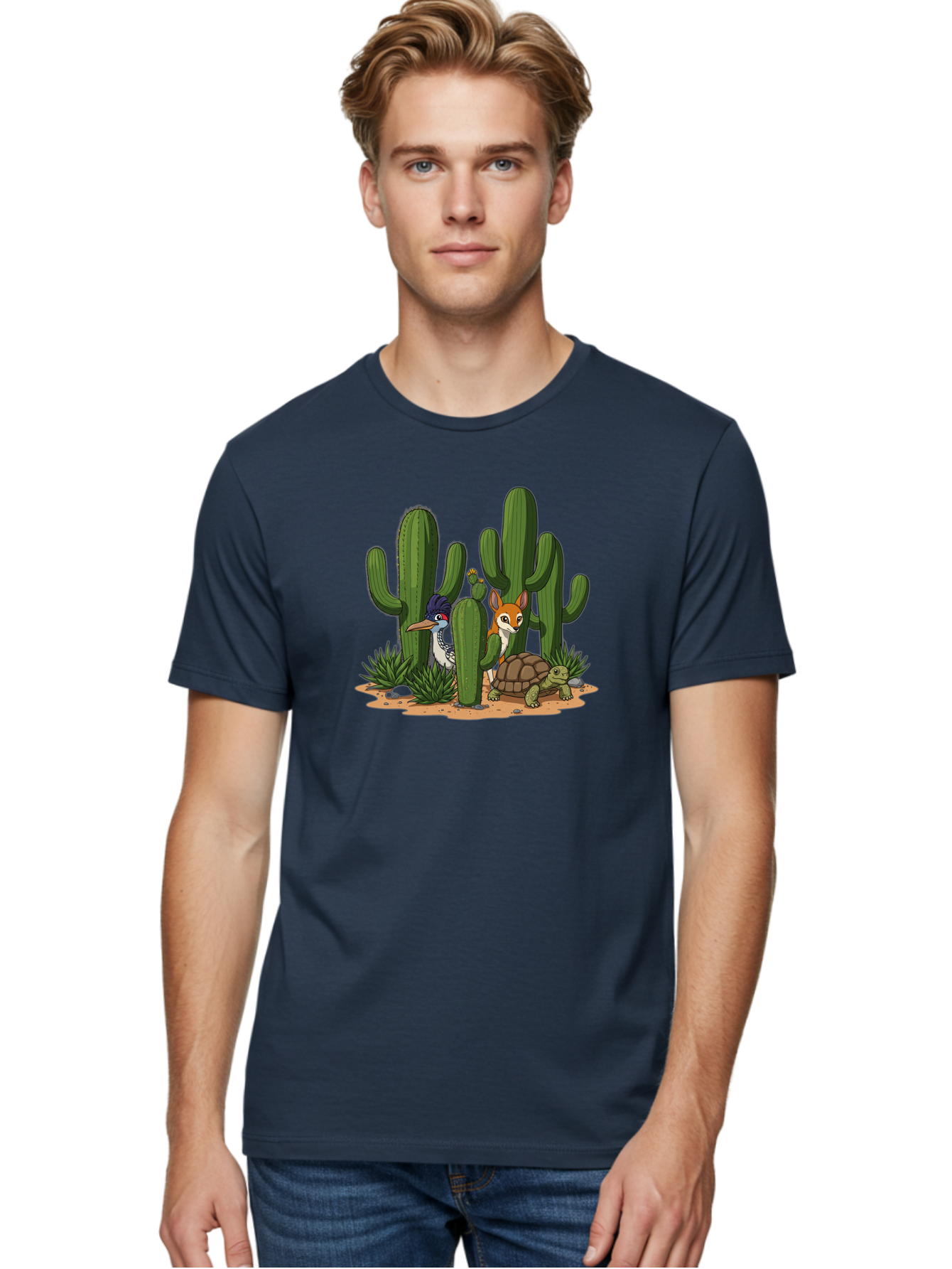 Kingfisher-Fennec-Fox-And-Turtle Men'S Graphic Tee, 100% Cotton, Comfortable Casual Summer Wear, Machine Washable, Cartoon Animals, Desert Wildlife, Cacti, Kingfisher Bird, Fennec Fox, Turtle, Desert Landscape, Wildlife Illustration, Bad252 27