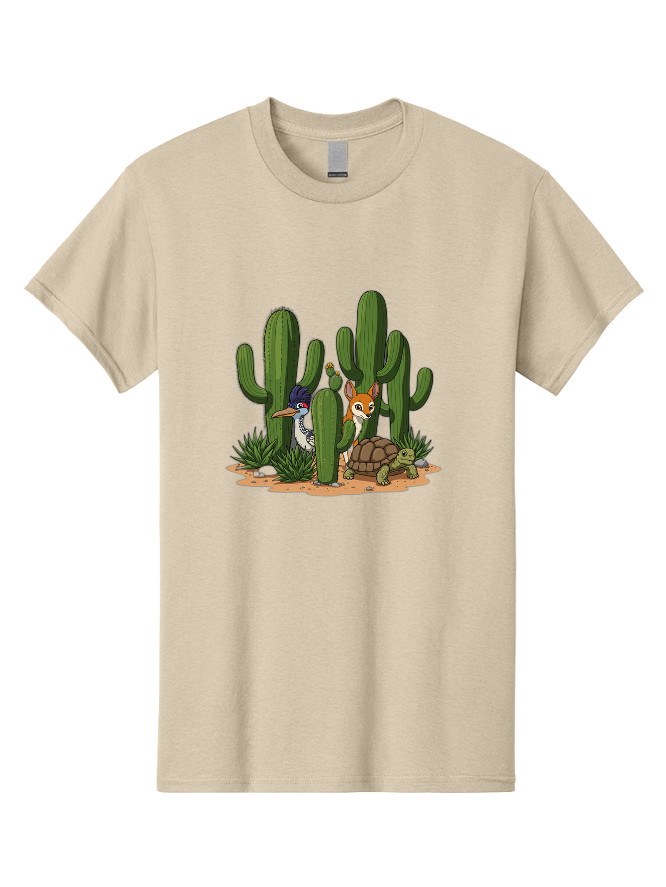 Kingfisher-Fennec-Fox-And-Turtle Men'S Graphic Tee, 100% Cotton, Comfortable Casual Summer Wear, Machine Washable, Cartoon Animals, Desert Wildlife, Cacti, Kingfisher Bird, Fennec Fox, Turtle, Desert Landscape, Wildlife Illustration, Bad252 9