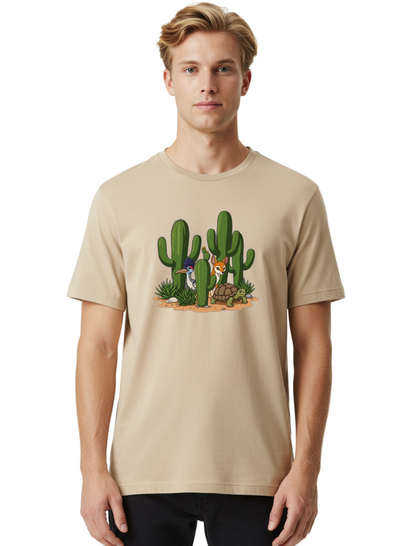 Kingfisher-Fennec-Fox-And-Turtle Men'S Graphic Tee, 100% Cotton, Comfortable Casual Summer Wear, Machine Washable, Cartoon Animals, Desert Wildlife, Cacti, Kingfisher Bird, Fennec Fox, Turtle, Desert Landscape, Wildlife Illustration, Bad252 24