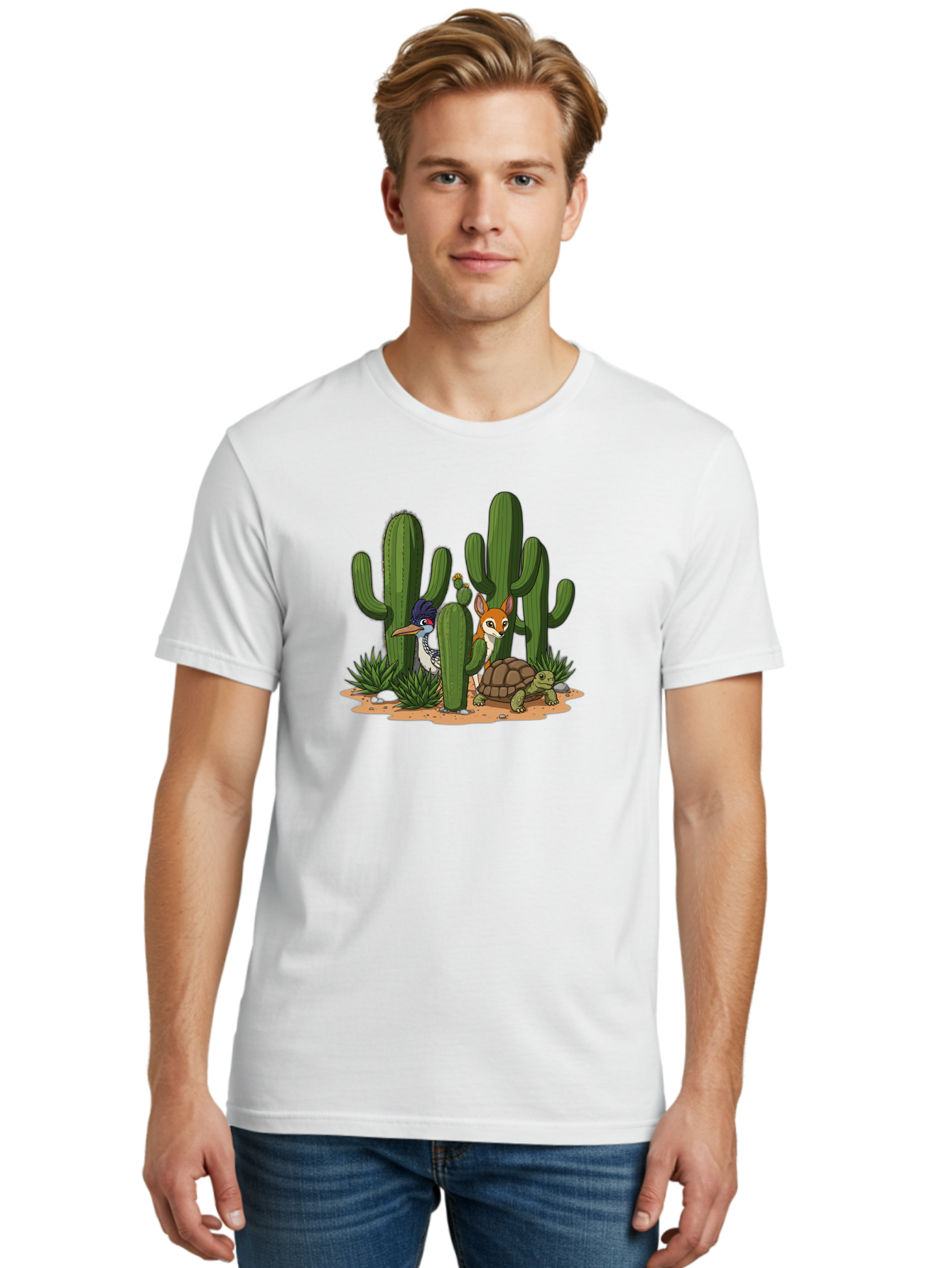Kingfisher-Fennec-Fox-And-Turtle Men'S Graphic Tee, 100% Cotton, Comfortable Casual Summer Wear, Machine Washable, Cartoon Animals, Desert Wildlife, Cacti, Kingfisher Bird, Fennec Fox, Turtle, Desert Landscape, Wildlife Illustration, Bad252 18
