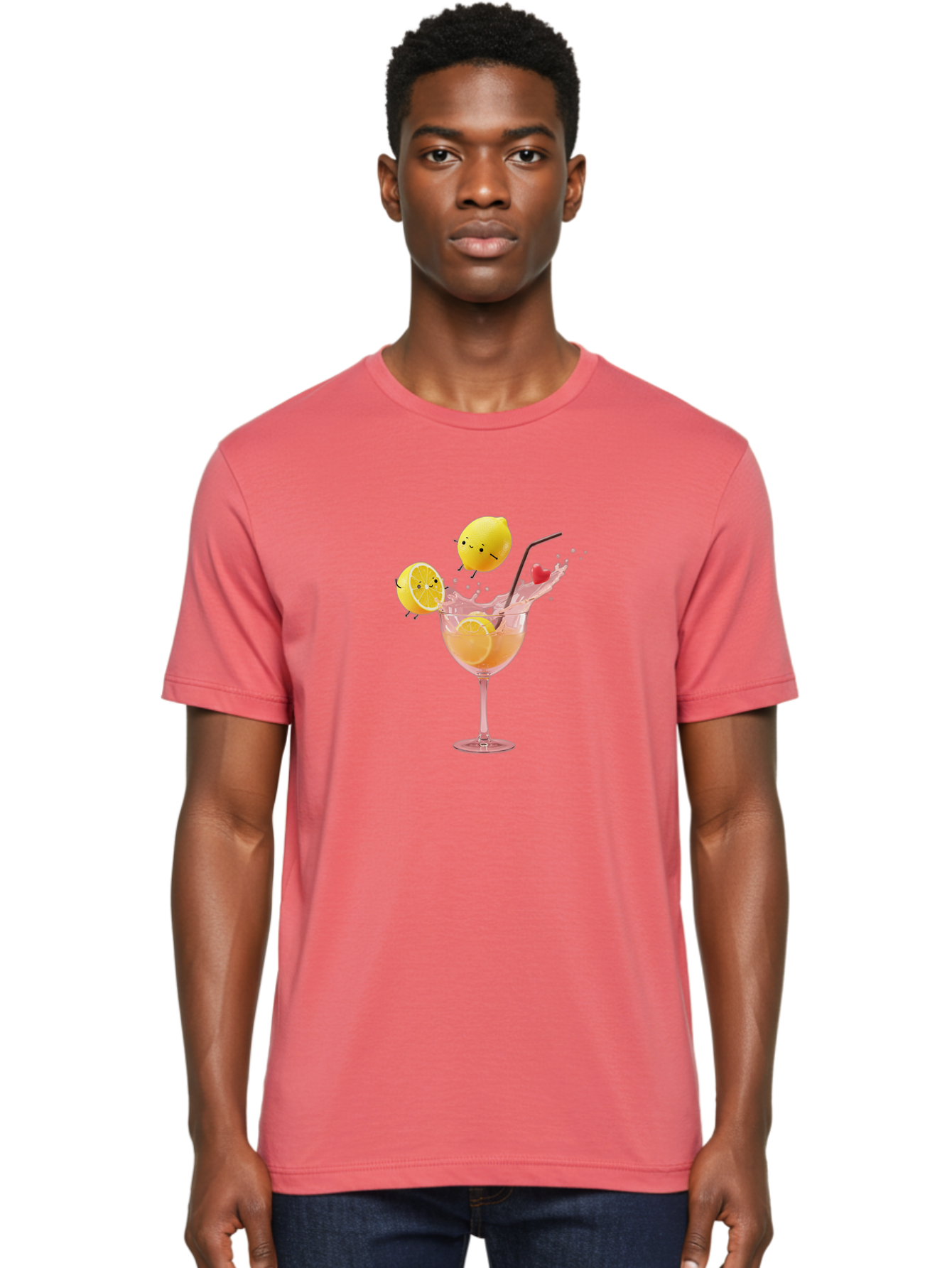 Lemon-Spritzer Men'S Graphic Tee, 100% Cotton, Comfortable Casual Summer Wear, Machine Washable, Refreshing Cocktail, Lemon Slices, Pink Drink, Straw, Splashing Liquid, Citrus Fruit, Funny Characters, Cartoon Lemons, Summer Drink, Bad277 29