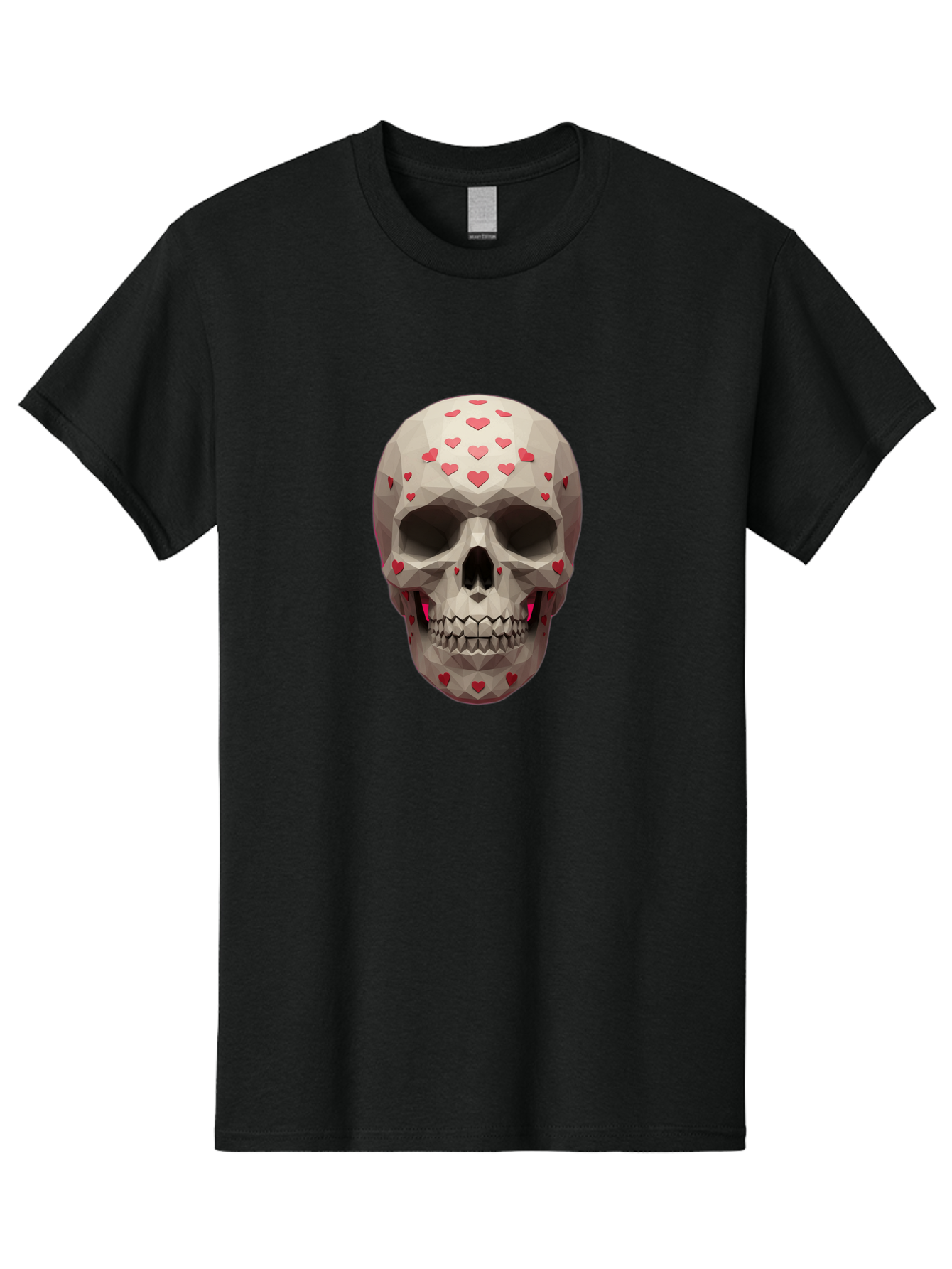 Low-Poly-Skull-With-Hearts Men'S Graphic Tee, 100% Cotton, Comfortable Casual Summer Wear, Machine Washable, Low Poly Skull, 3D Art, Heart Pattern, Red Hearts, Polygonal Design, Skull Art, Modern Art, Graphic Design, Digital Art Bad284 15