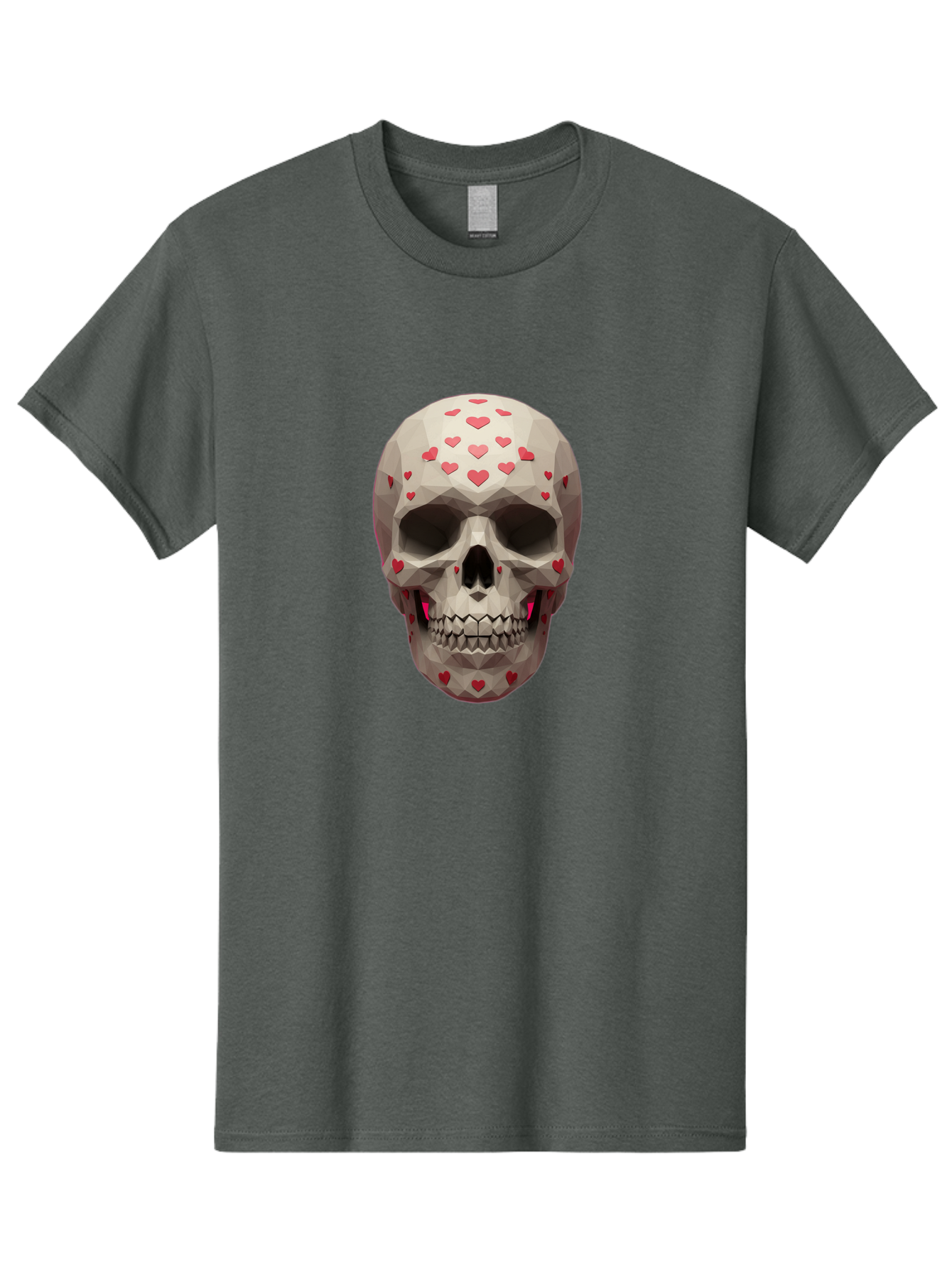Low-Poly-Skull-With-Hearts Men'S Graphic Tee, 100% Cotton, Comfortable Casual Summer Wear, Machine Washable, Low Poly Skull, 3D Art, Heart Pattern, Red Hearts, Polygonal Design, Skull Art, Modern Art, Graphic Design, Digital Art Bad284 4