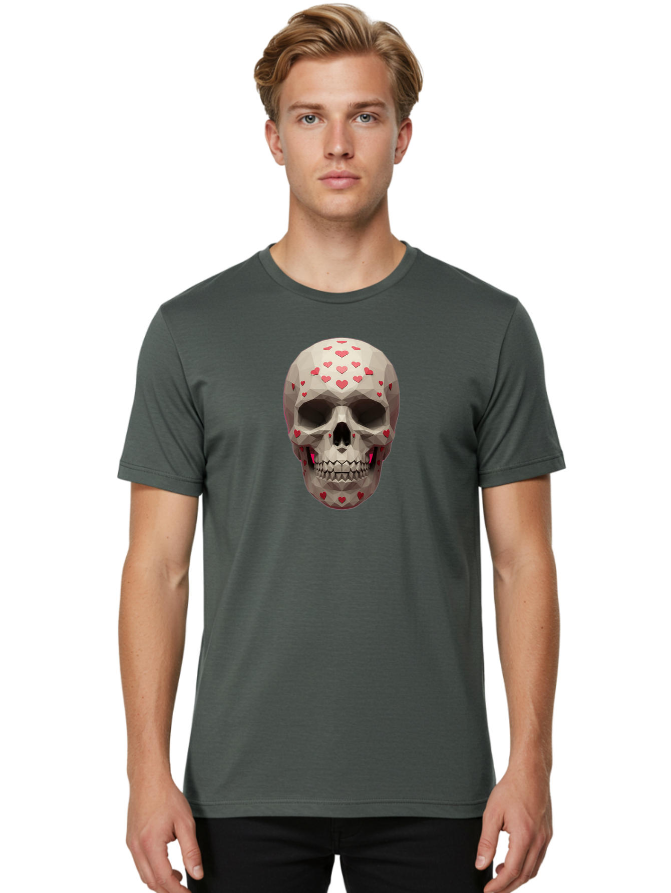 Low-Poly-Skull-With-Hearts Men'S Graphic Tee, 100% Cotton, Comfortable Casual Summer Wear, Machine Washable, Low Poly Skull, 3D Art, Heart Pattern, Red Hearts, Polygonal Design, Skull Art, Modern Art, Graphic Design, Digital Art Bad284 19