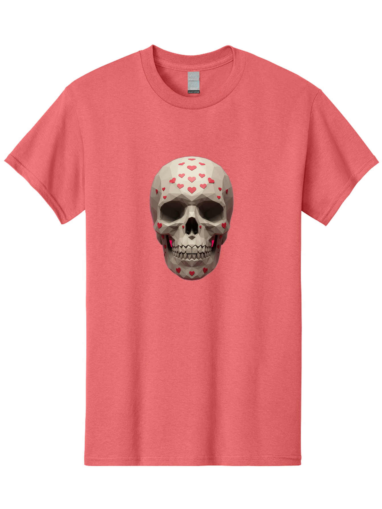 Low-Poly-Skull-With-Hearts Men'S Graphic Tee, 100% Cotton, Comfortable Casual Summer Wear, Machine Washable, Low Poly Skull, 3D Art, Heart Pattern, Red Hearts, Polygonal Design, Skull Art, Modern Art, Graphic Design, Digital Art Bad284 1