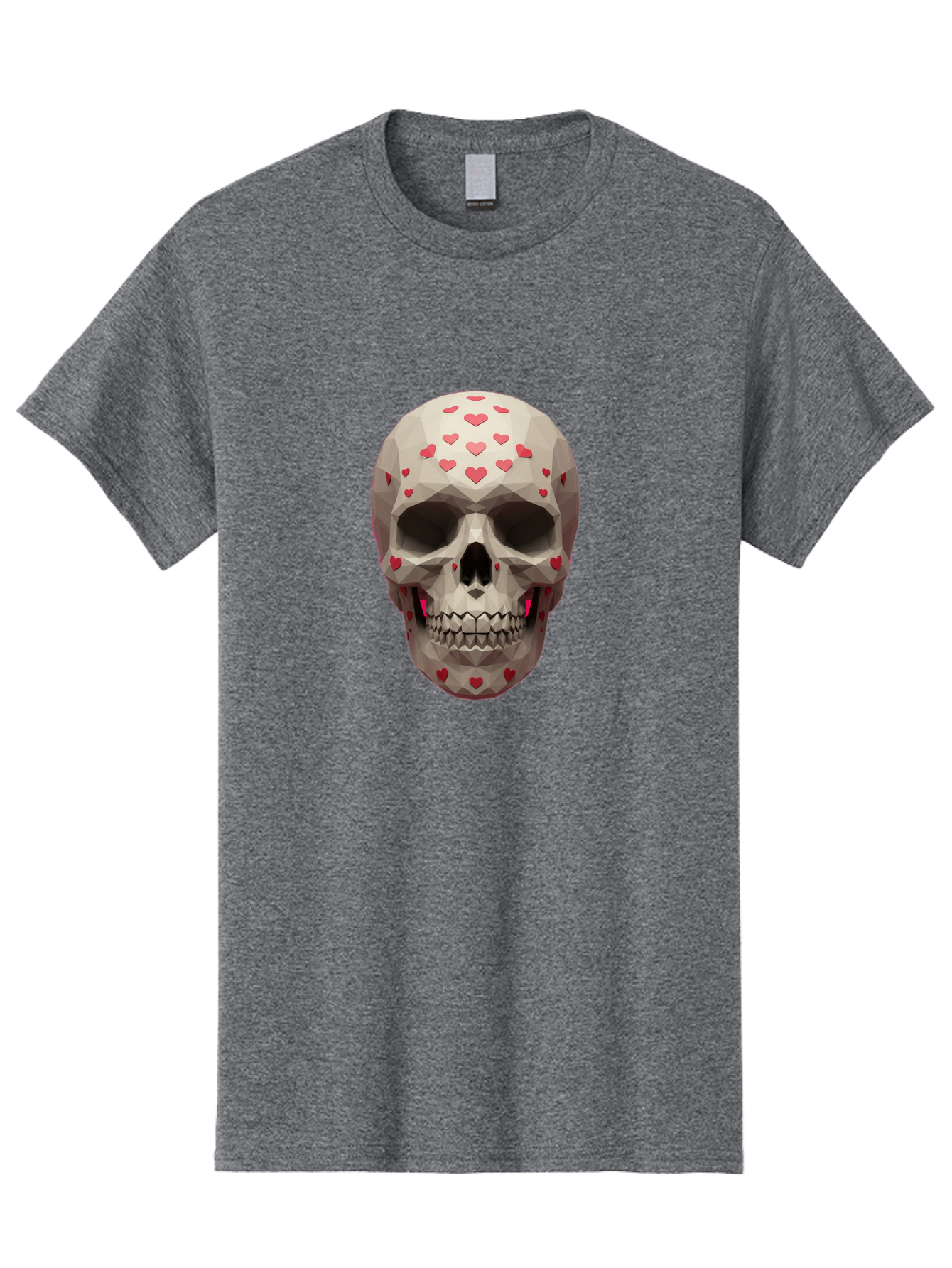 Low-Poly-Skull-With-Hearts Men'S Graphic Tee, 100% Cotton, Comfortable Casual Summer Wear, Machine Washable, Low Poly Skull, 3D Art, Heart Pattern, Red Hearts, Polygonal Design, Skull Art, Modern Art, Graphic Design, Digital Art Bad284 11