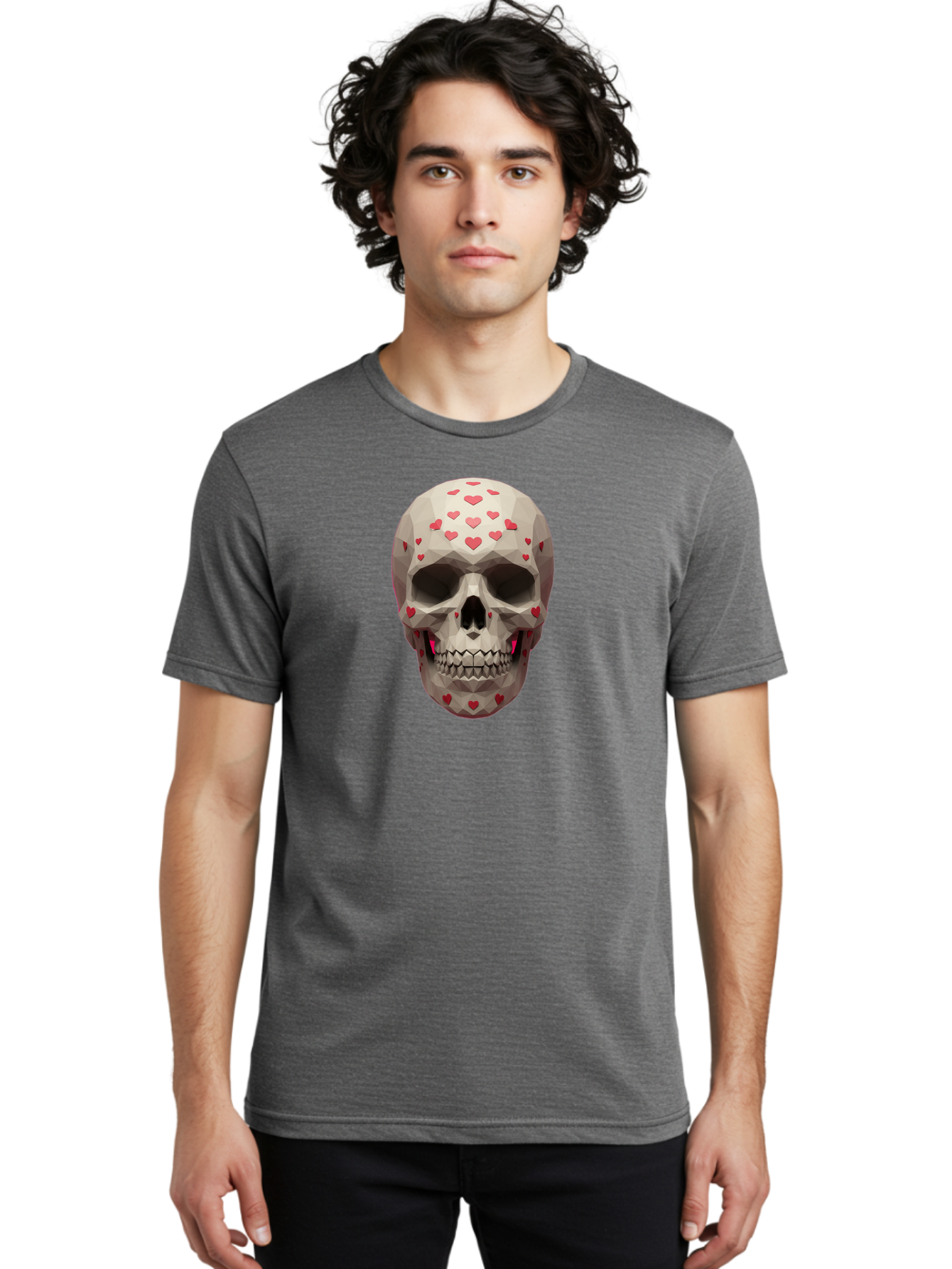 Low-Poly-Skull-With-Hearts Men'S Graphic Tee, 100% Cotton, Comfortable Casual Summer Wear, Machine Washable, Low Poly Skull, 3D Art, Heart Pattern, Red Hearts, Polygonal Design, Skull Art, Modern Art, Graphic Design, Digital Art Bad284 26