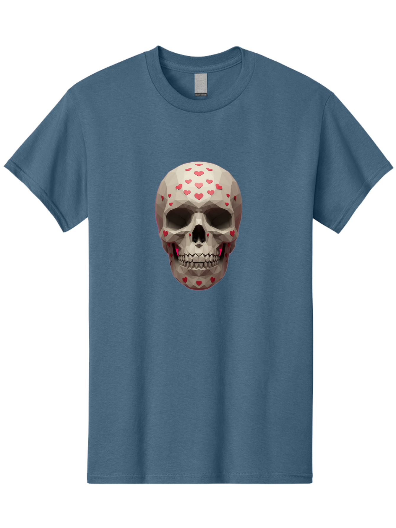Low-Poly-Skull-With-Hearts Men'S Graphic Tee, 100% Cotton, Comfortable Casual Summer Wear, Machine Washable, Low Poly Skull, 3D Art, Heart Pattern, Red Hearts, Polygonal Design, Skull Art, Modern Art, Graphic Design, Digital Art Bad284 12