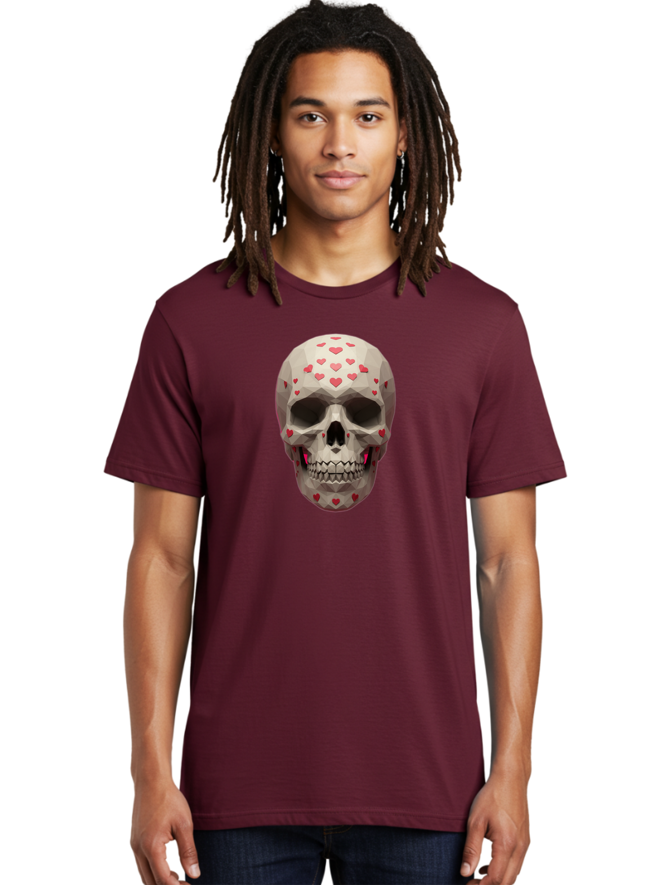 Low-Poly-Skull-With-Hearts Men'S Graphic Tee, 100% Cotton, Comfortable Casual Summer Wear, Machine Washable, Low Poly Skull, 3D Art, Heart Pattern, Red Hearts, Polygonal Design, Skull Art, Modern Art, Graphic Design, Digital Art Bad284 29