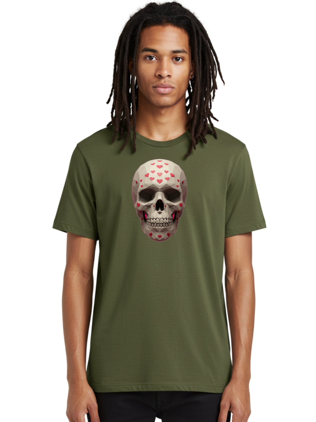 Low-Poly-Skull-With-Hearts Men'S Graphic Tee, 100% Cotton, Comfortable Casual Summer Wear, Machine Washable, Low Poly Skull, 3D Art, Heart Pattern, Red Hearts, Polygonal Design, Skull Art, Modern Art, Graphic Design, Digital Art Bad284 22