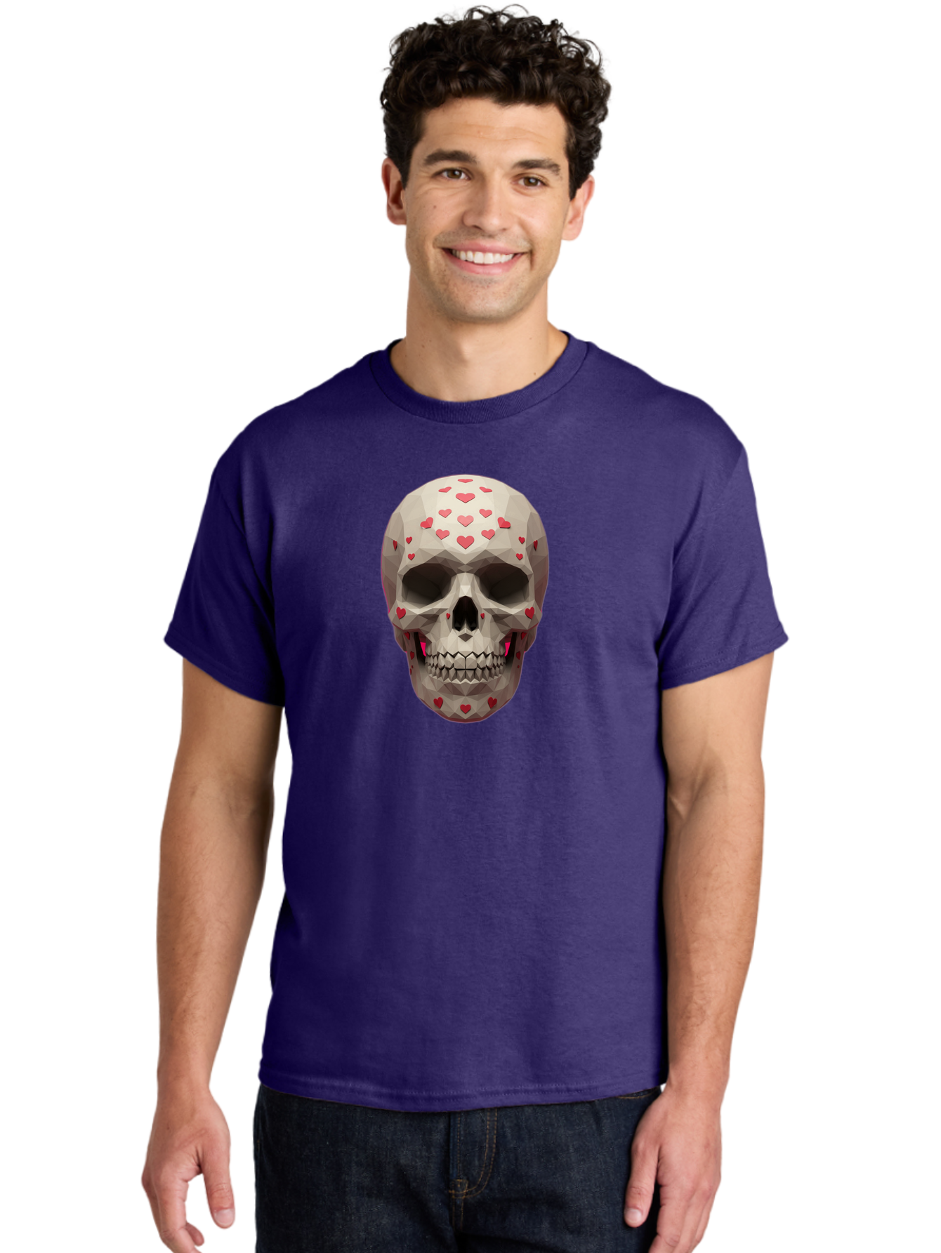 Low-Poly-Skull-With-Hearts Men'S Graphic Tee, 100% Cotton, Comfortable Casual Summer Wear, Machine Washable, Low Poly Skull, 3D Art, Heart Pattern, Red Hearts, Polygonal Design, Skull Art, Modern Art, Graphic Design, Digital Art Bad284 25