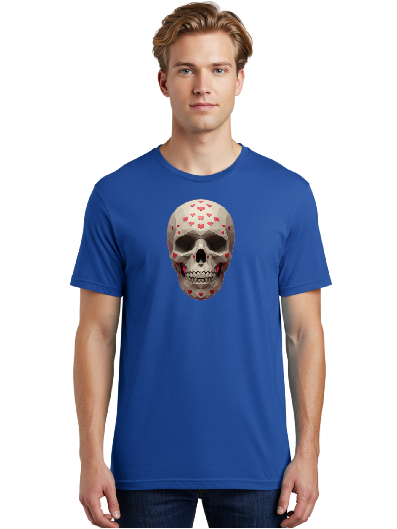 Low-Poly-Skull-With-Hearts Men'S Graphic Tee, 100% Cotton, Comfortable Casual Summer Wear, Machine Washable, Low Poly Skull, 3D Art, Heart Pattern, Red Hearts, Polygonal Design, Skull Art, Modern Art, Graphic Design, Digital Art Bad284 23