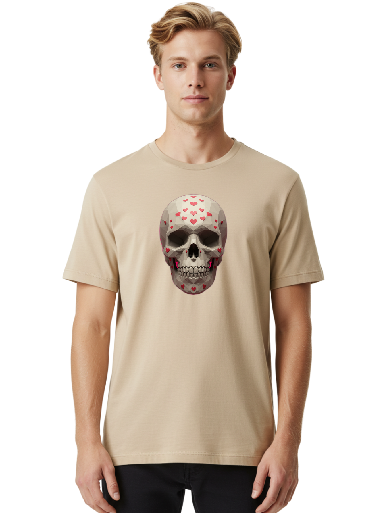 Low-Poly-Skull-With-Hearts Men'S Graphic Tee, 100% Cotton, Comfortable Casual Summer Wear, Machine Washable, Low Poly Skull, 3D Art, Heart Pattern, Red Hearts, Polygonal Design, Skull Art, Modern Art, Graphic Design, Digital Art Bad284 28