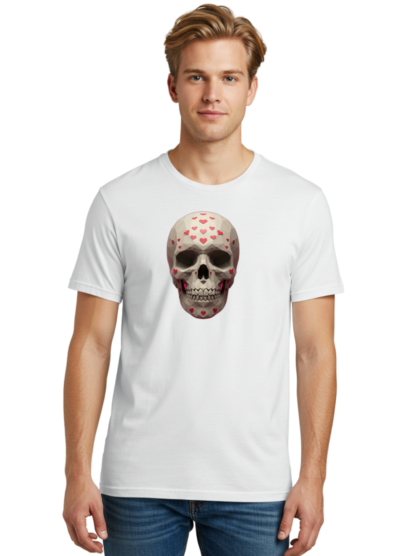 Low-Poly-Skull-With-Hearts Men'S Graphic Tee, 100% Cotton, Comfortable Casual Summer Wear, Machine Washable, Low Poly Skull, 3D Art, Heart Pattern, Red Hearts, Polygonal Design, Skull Art, Modern Art, Graphic Design, Digital Art Bad284 18