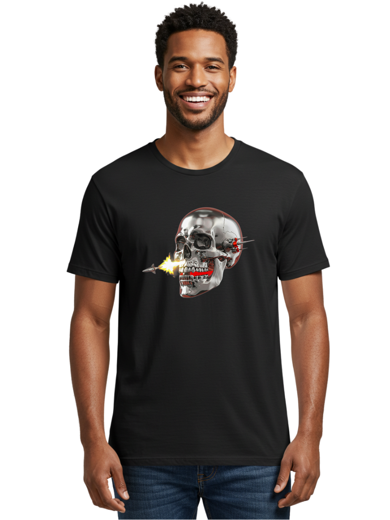 Metal-Skull Men'S Graphic Tee, 100% Cotton, Comfortable Casual Summer Wear, Machine Washable, Metal Skull, Robotic Skull, Futuristic Design, Cybernetic Enhancements, Metallic Finish, Sharp Teeth, Red Accents, Sci-Fi Element, Metal Implants, Bad317 25