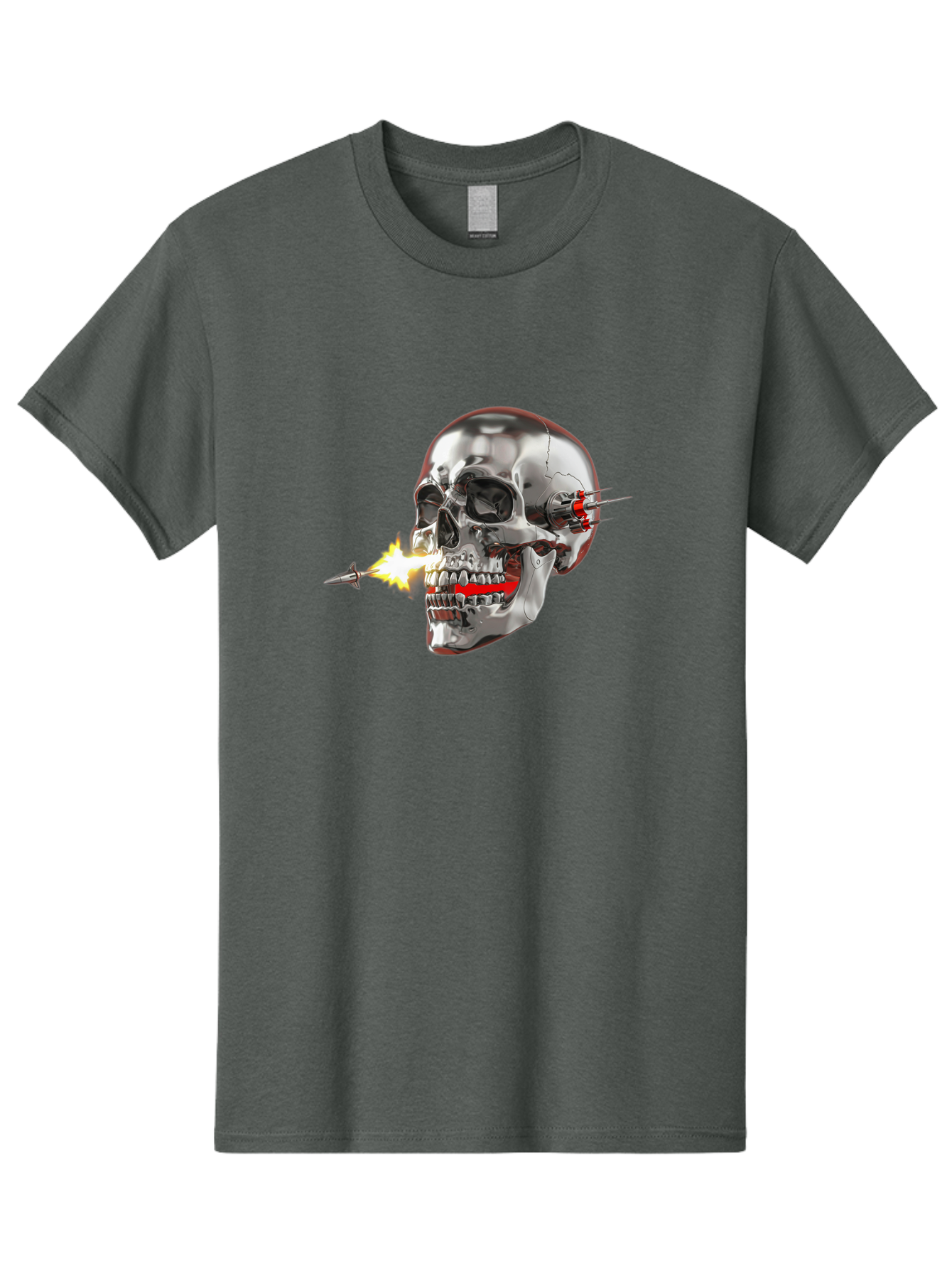 Metal-Skull Men'S Graphic Tee, 100% Cotton, Comfortable Casual Summer Wear, Machine Washable, Metal Skull, Robotic Skull, Futuristic Design, Cybernetic Enhancements, Metallic Finish, Sharp Teeth, Red Accents, Sci-Fi Element, Metal Implants, Bad317 14