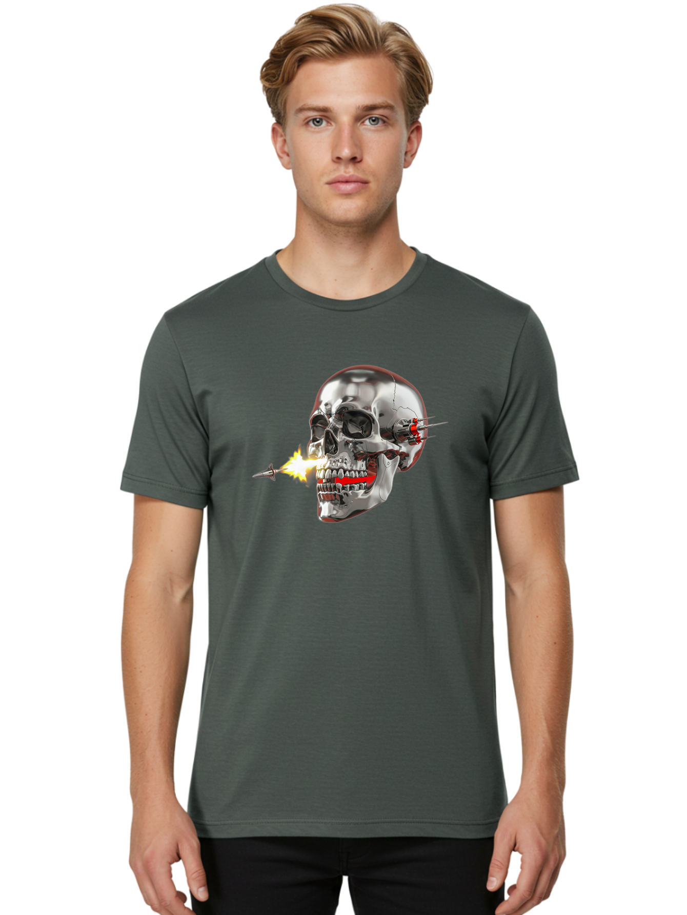 Metal-Skull Men'S Graphic Tee, 100% Cotton, Comfortable Casual Summer Wear, Machine Washable, Metal Skull, Robotic Skull, Futuristic Design, Cybernetic Enhancements, Metallic Finish, Sharp Teeth, Red Accents, Sci-Fi Element, Metal Implants, Bad317 29