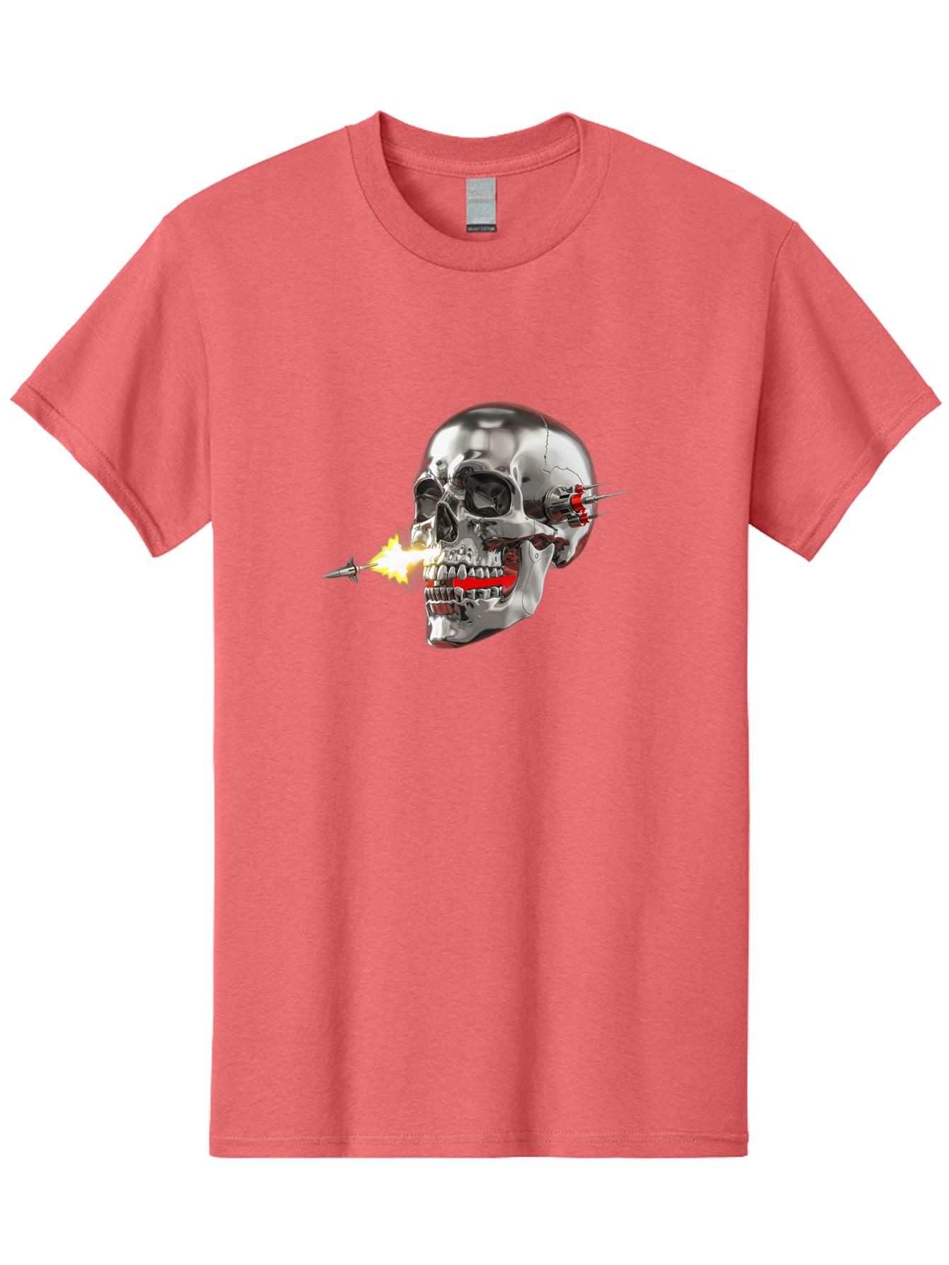 Metal-Skull Men'S Graphic Tee, 100% Cotton, Comfortable Casual Summer Wear, Machine Washable, Metal Skull, Robotic Skull, Futuristic Design, Cybernetic Enhancements, Metallic Finish, Sharp Teeth, Red Accents, Sci-Fi Element, Metal Implants, Bad317 6