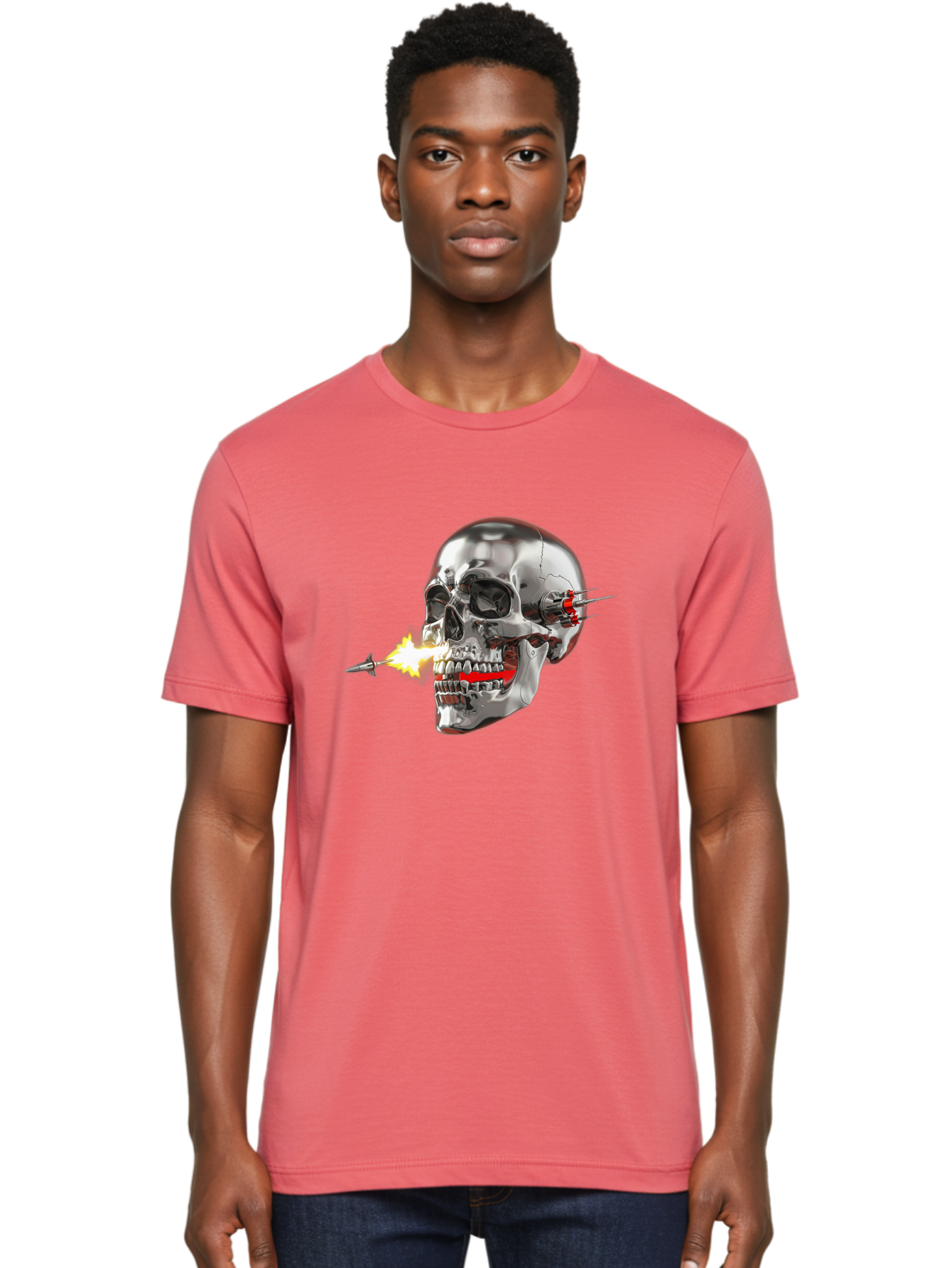 Metal-Skull Men'S Graphic Tee, 100% Cotton, Comfortable Casual Summer Wear, Machine Washable, Metal Skull, Robotic Skull, Futuristic Design, Cybernetic Enhancements, Metallic Finish, Sharp Teeth, Red Accents, Sci-Fi Element, Metal Implants, Bad317 21