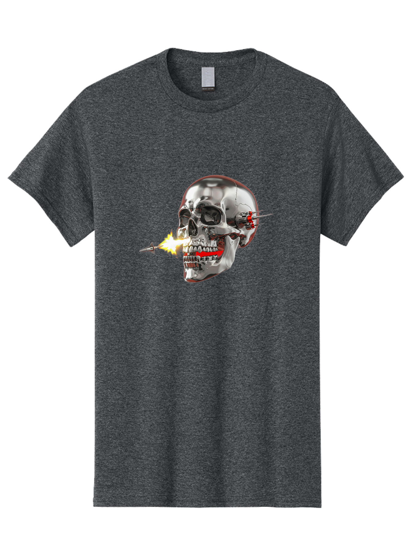 Metal-Skull Men'S Graphic Tee, 100% Cotton, Comfortable Casual Summer Wear, Machine Washable, Metal Skull, Robotic Skull, Futuristic Design, Cybernetic Enhancements, Metallic Finish, Sharp Teeth, Red Accents, Sci-Fi Element, Metal Implants, Bad317 15