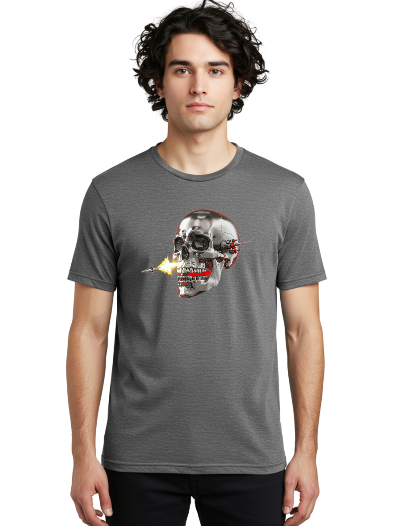 Metal-Skull Men'S Graphic Tee, 100% Cotton, Comfortable Casual Summer Wear, Machine Washable, Metal Skull, Robotic Skull, Futuristic Design, Cybernetic Enhancements, Metallic Finish, Sharp Teeth, Red Accents, Sci-Fi Element, Metal Implants, Bad317 24