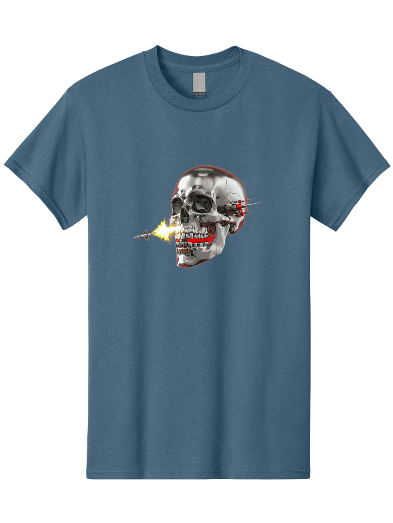 Metal-Skull Men'S Graphic Tee, 100% Cotton, Comfortable Casual Summer Wear, Machine Washable, Metal Skull, Robotic Skull, Futuristic Design, Cybernetic Enhancements, Metallic Finish, Sharp Teeth, Red Accents, Sci-Fi Element, Metal Implants, Bad317 7