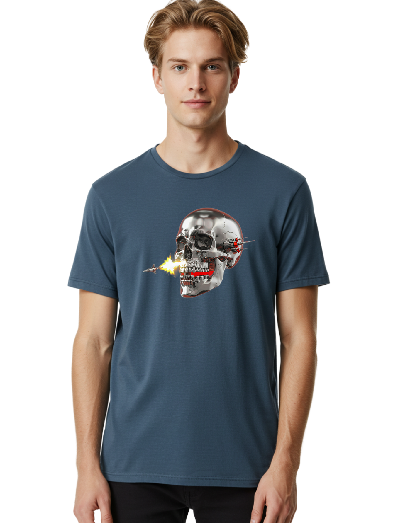 Metal-Skull Men'S Graphic Tee, 100% Cotton, Comfortable Casual Summer Wear, Machine Washable, Metal Skull, Robotic Skull, Futuristic Design, Cybernetic Enhancements, Metallic Finish, Sharp Teeth, Red Accents, Sci-Fi Element, Metal Implants, Bad317 22