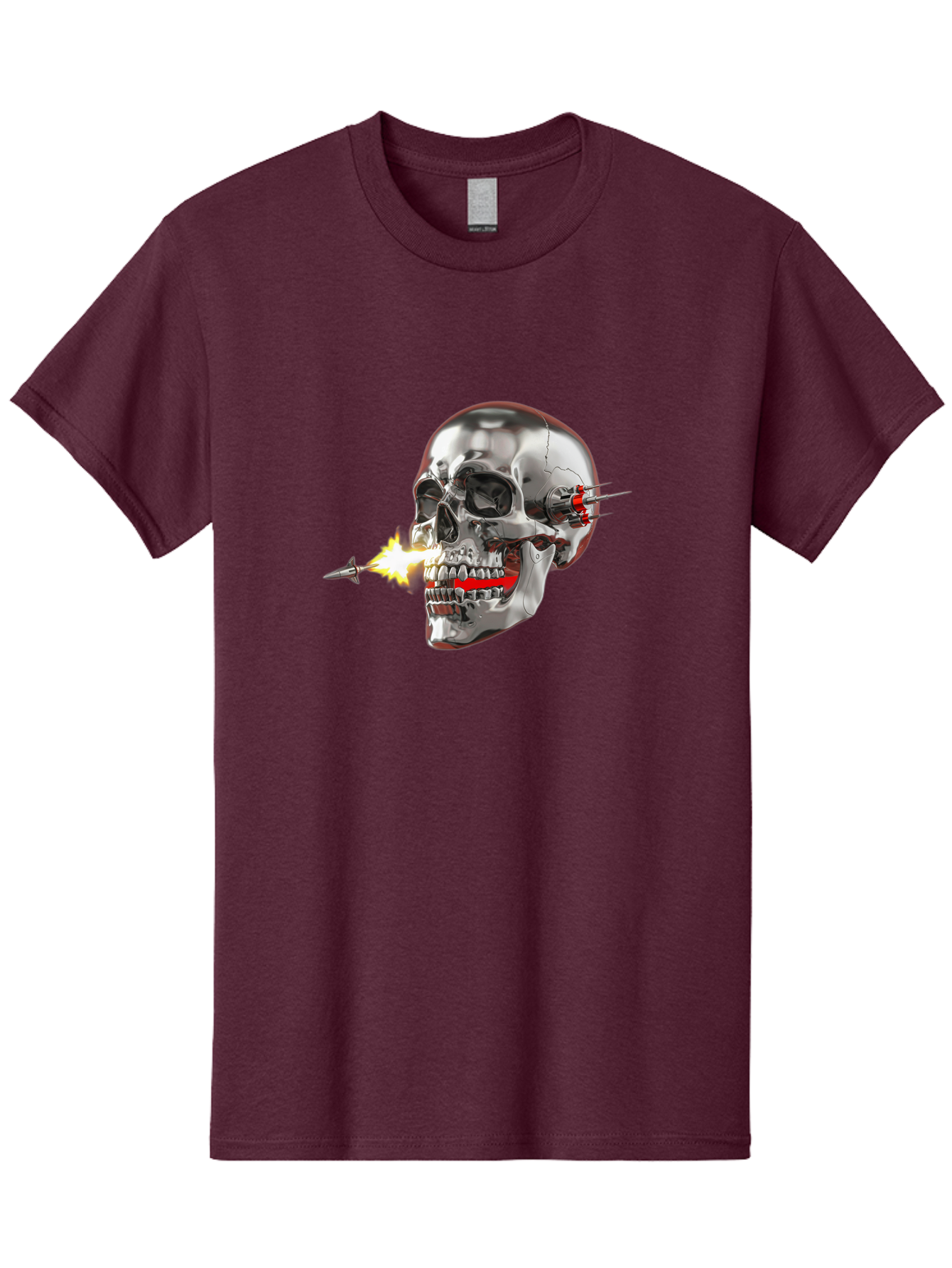 Metal-Skull Men'S Graphic Tee, 100% Cotton, Comfortable Casual Summer Wear, Machine Washable, Metal Skull, Robotic Skull, Futuristic Design, Cybernetic Enhancements, Metallic Finish, Sharp Teeth, Red Accents, Sci-Fi Element, Metal Implants, Bad317 4