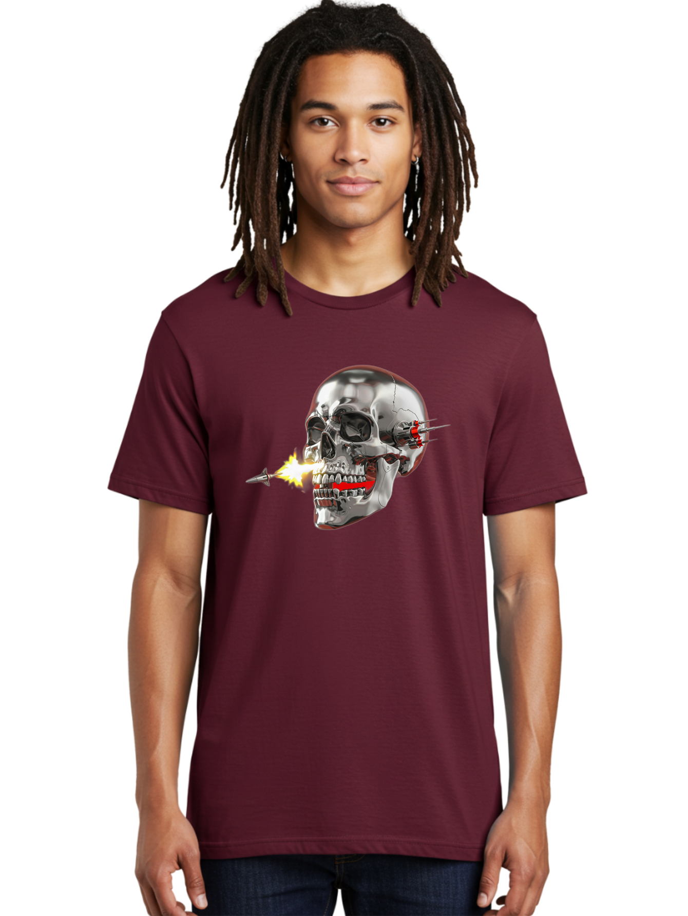 Metal-Skull Men'S Graphic Tee, 100% Cotton, Comfortable Casual Summer Wear, Machine Washable, Metal Skull, Robotic Skull, Futuristic Design, Cybernetic Enhancements, Metallic Finish, Sharp Teeth, Red Accents, Sci-Fi Element, Metal Implants, Bad317 19