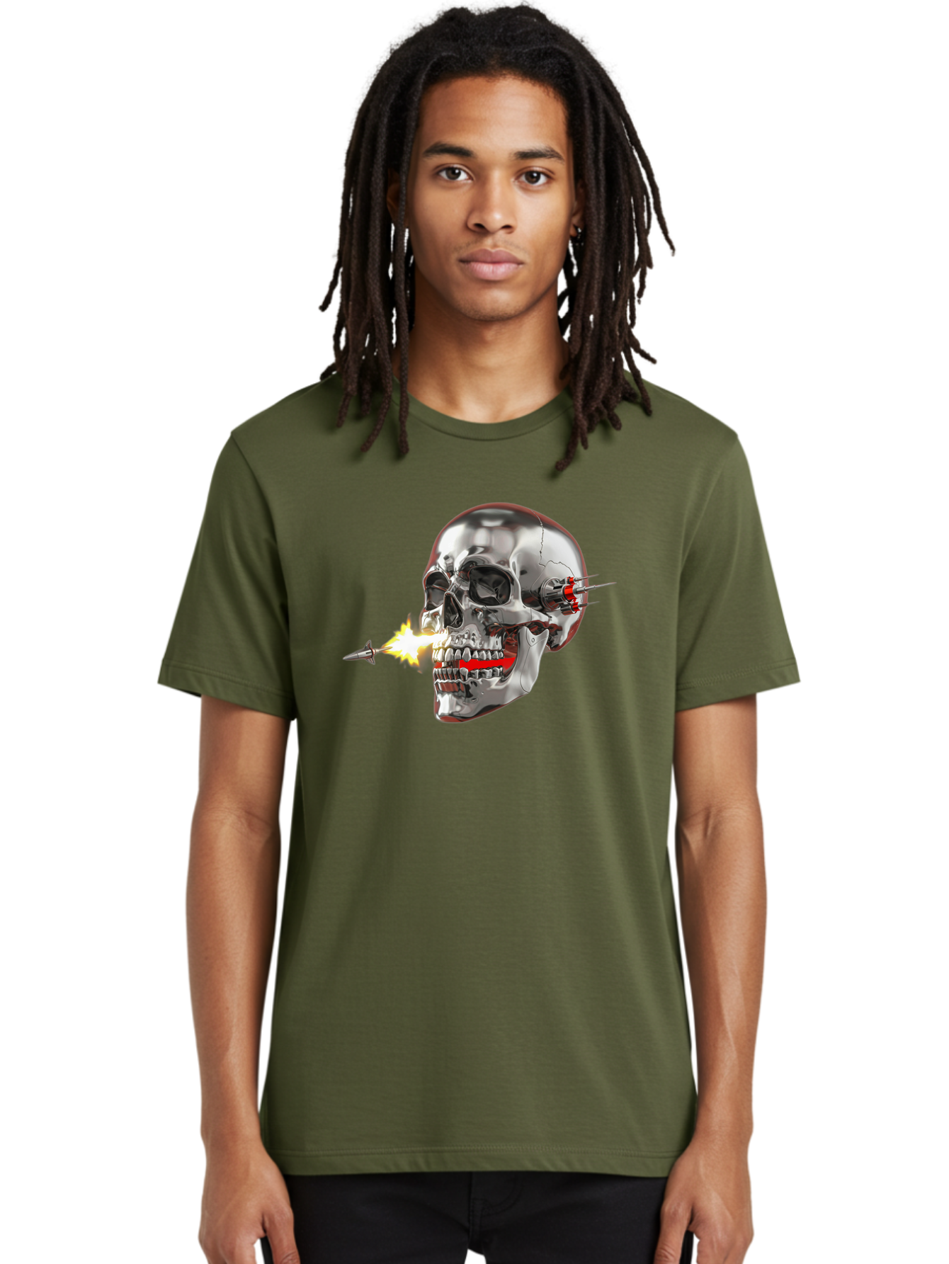 Metal-Skull Men'S Graphic Tee, 100% Cotton, Comfortable Casual Summer Wear, Machine Washable, Metal Skull, Robotic Skull, Futuristic Design, Cybernetic Enhancements, Metallic Finish, Sharp Teeth, Red Accents, Sci-Fi Element, Metal Implants, Bad317 16