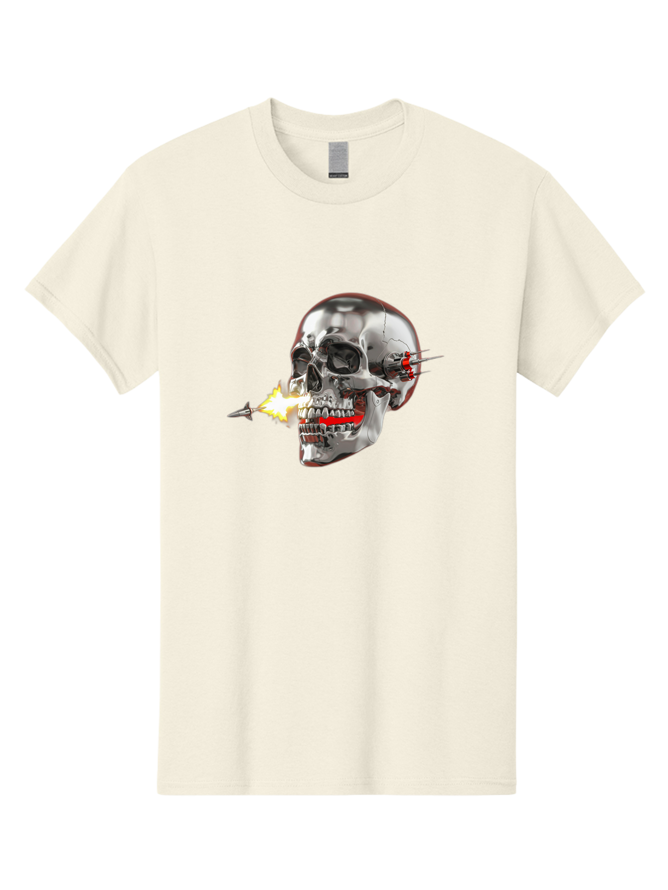 Metal-Skull Men'S Graphic Tee, 100% Cotton, Comfortable Casual Summer Wear, Machine Washable, Metal Skull, Robotic Skull, Futuristic Design, Cybernetic Enhancements, Metallic Finish, Sharp Teeth, Red Accents, Sci-Fi Element, Metal Implants, Bad317 12