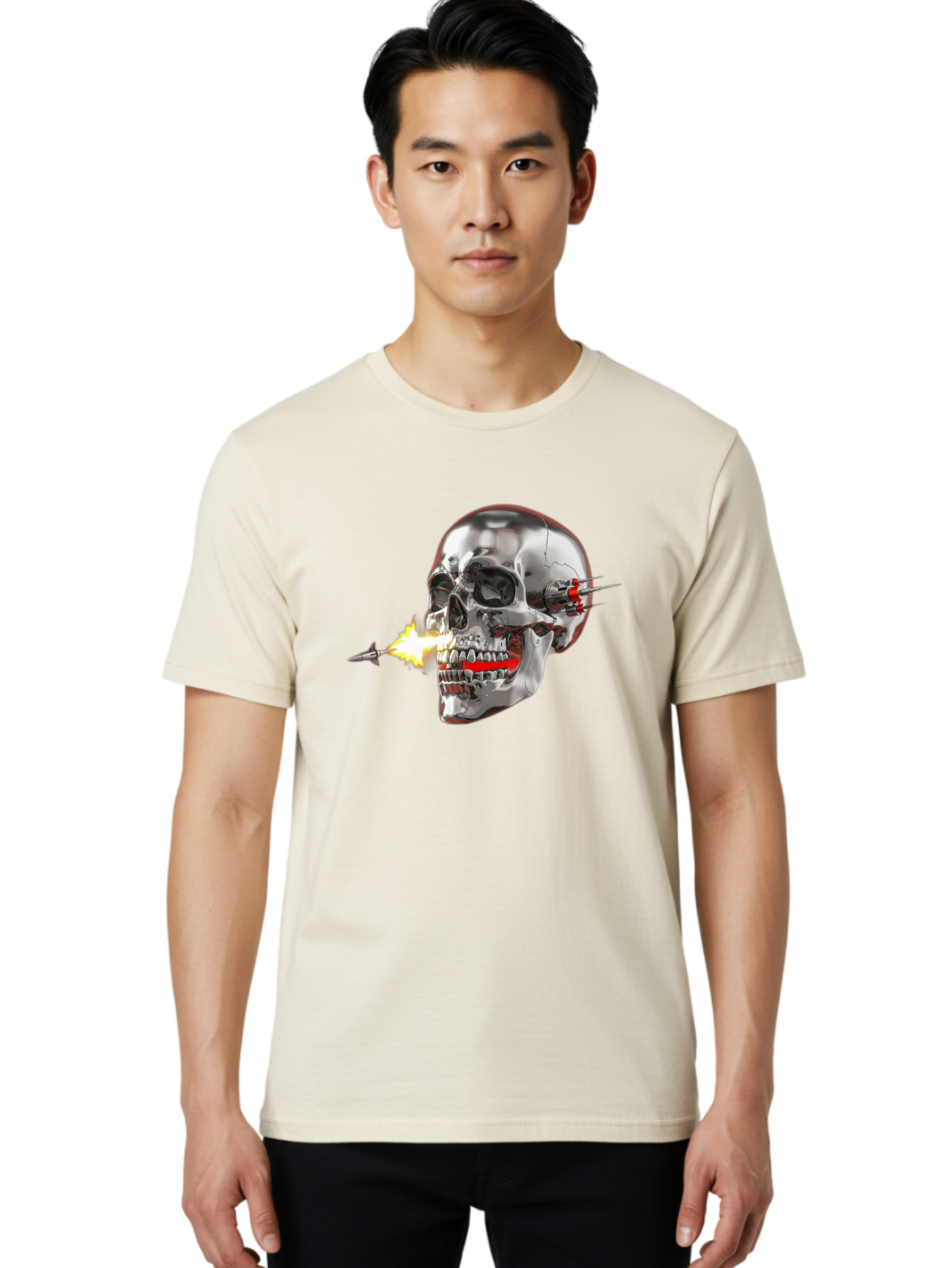 Metal-Skull Men'S Graphic Tee, 100% Cotton, Comfortable Casual Summer Wear, Machine Washable, Metal Skull, Robotic Skull, Futuristic Design, Cybernetic Enhancements, Metallic Finish, Sharp Teeth, Red Accents, Sci-Fi Element, Metal Implants, Bad317 27