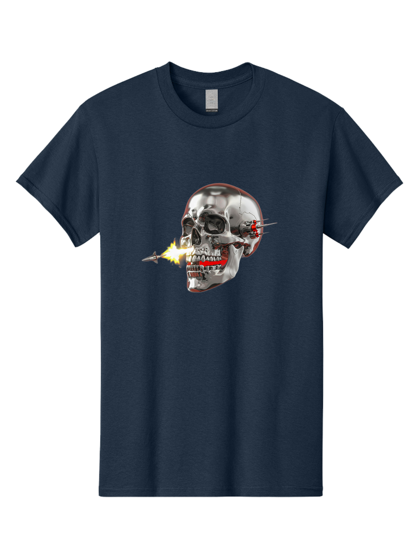 Metal-Skull Men'S Graphic Tee, 100% Cotton, Comfortable Casual Summer Wear, Machine Washable, Metal Skull, Robotic Skull, Futuristic Design, Cybernetic Enhancements, Metallic Finish, Sharp Teeth, Red Accents, Sci-Fi Element, Metal Implants, Bad317 11