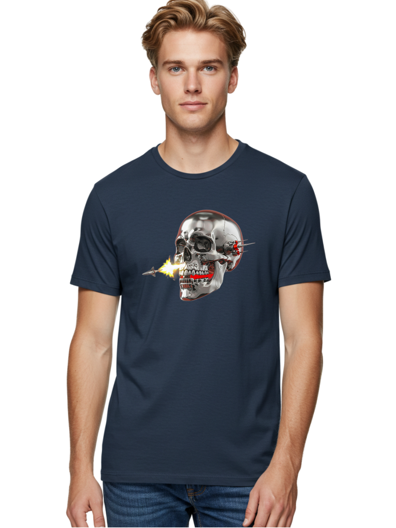 Metal-Skull Men'S Graphic Tee, 100% Cotton, Comfortable Casual Summer Wear, Machine Washable, Metal Skull, Robotic Skull, Futuristic Design, Cybernetic Enhancements, Metallic Finish, Sharp Teeth, Red Accents, Sci-Fi Element, Metal Implants, Bad317 26