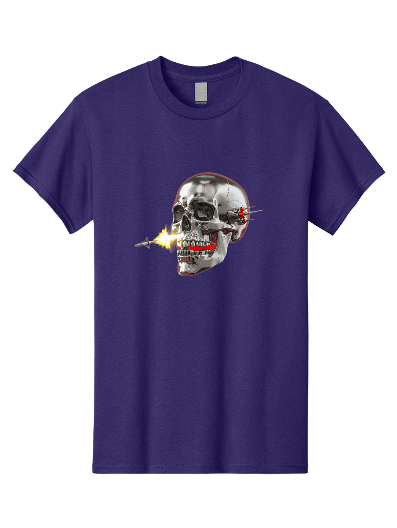 Metal-Skull Men'S Graphic Tee, 100% Cotton, Comfortable Casual Summer Wear, Machine Washable, Metal Skull, Robotic Skull, Futuristic Design, Cybernetic Enhancements, Metallic Finish, Sharp Teeth, Red Accents, Sci-Fi Element, Metal Implants, Bad317 3