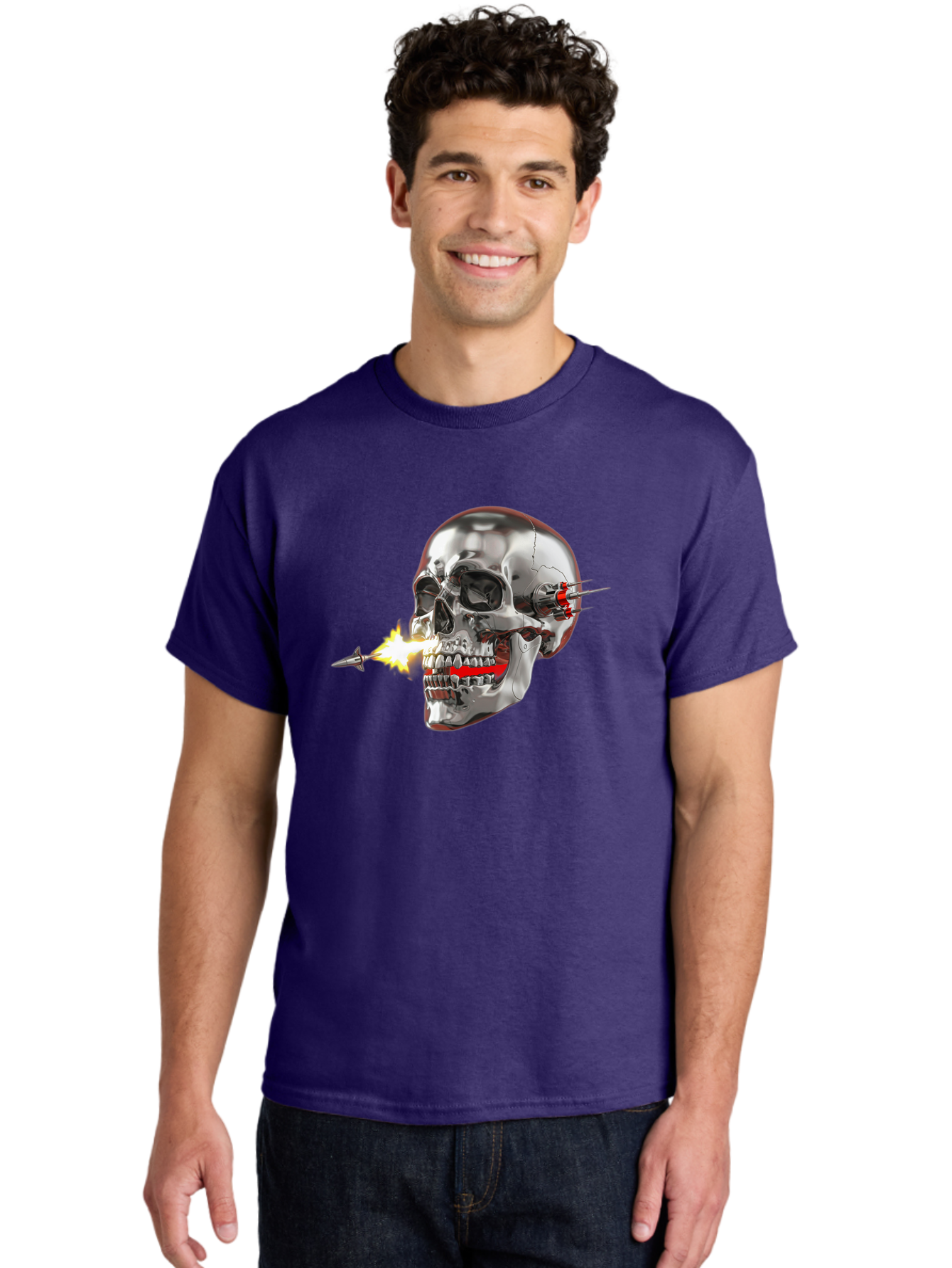 Metal-Skull Men'S Graphic Tee, 100% Cotton, Comfortable Casual Summer Wear, Machine Washable, Metal Skull, Robotic Skull, Futuristic Design, Cybernetic Enhancements, Metallic Finish, Sharp Teeth, Red Accents, Sci-Fi Element, Metal Implants, Bad317 18