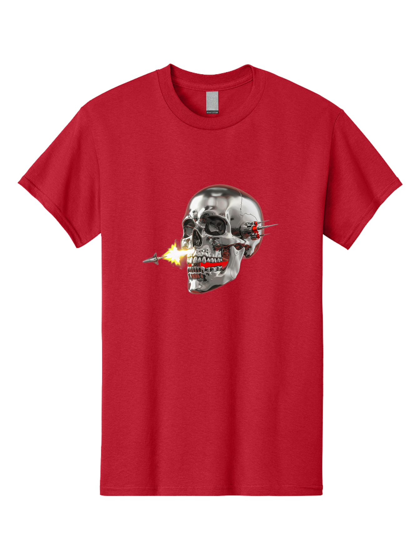 Metal-Skull Men'S Graphic Tee, 100% Cotton, Comfortable Casual Summer Wear, Machine Washable, Metal Skull, Robotic Skull, Futuristic Design, Cybernetic Enhancements, Metallic Finish, Sharp Teeth, Red Accents, Sci-Fi Element, Metal Implants, Bad317 13