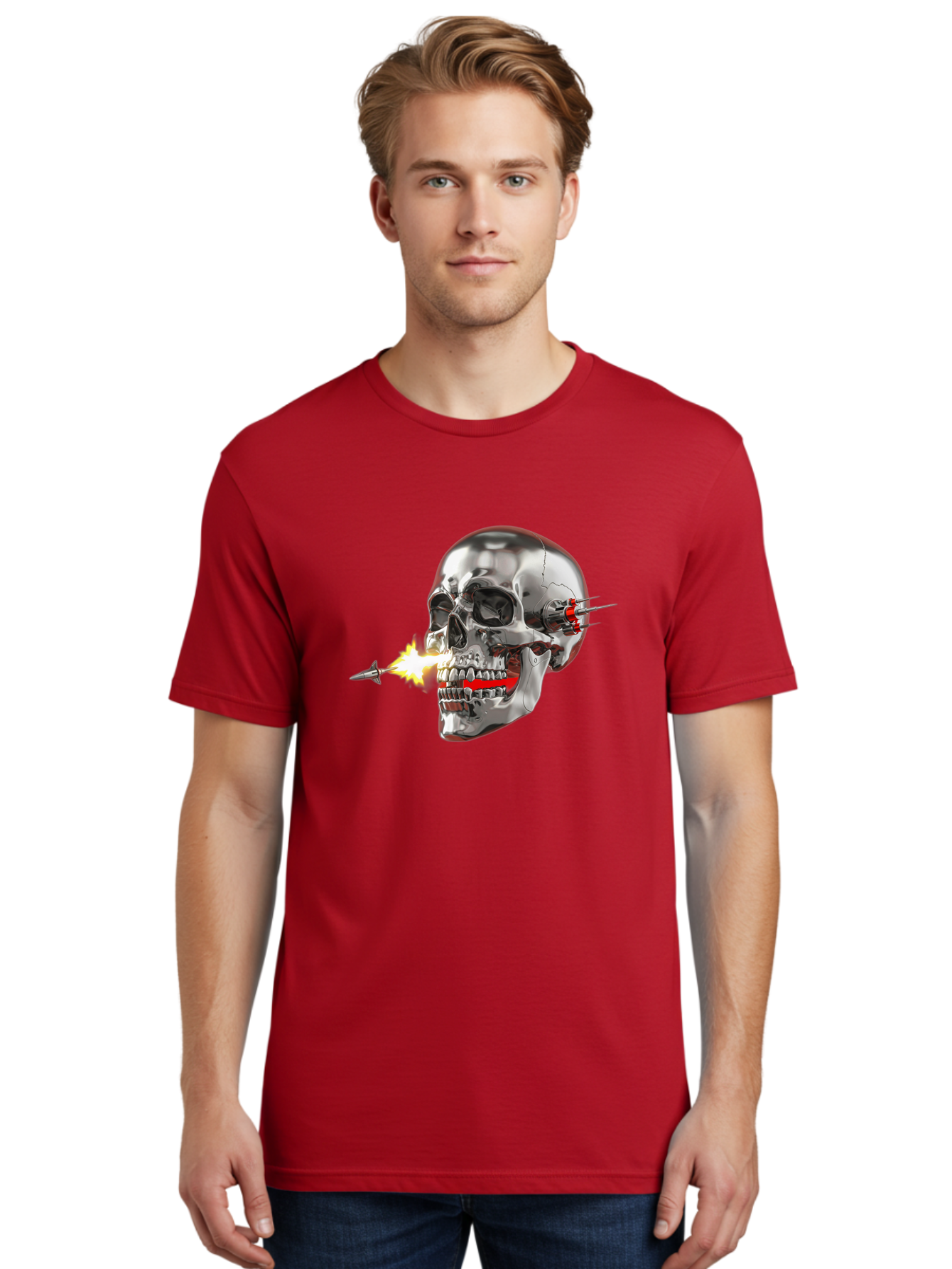 Metal-Skull Men'S Graphic Tee, 100% Cotton, Comfortable Casual Summer Wear, Machine Washable, Metal Skull, Robotic Skull, Futuristic Design, Cybernetic Enhancements, Metallic Finish, Sharp Teeth, Red Accents, Sci-Fi Element, Metal Implants, Bad317 28
