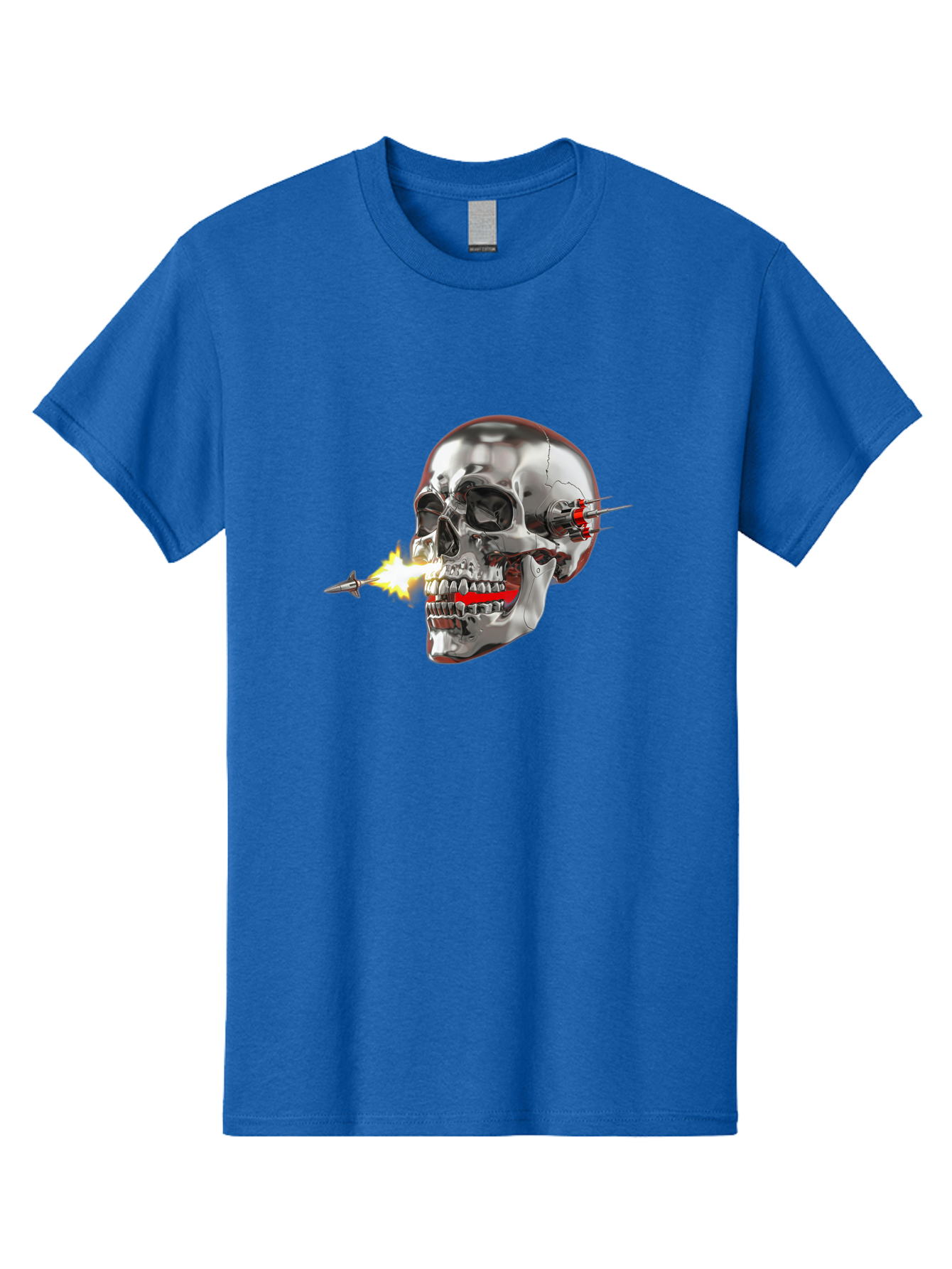 Metal-Skull Men'S Graphic Tee, 100% Cotton, Comfortable Casual Summer Wear, Machine Washable, Metal Skull, Robotic Skull, Futuristic Design, Cybernetic Enhancements, Metallic Finish, Sharp Teeth, Red Accents, Sci-Fi Element, Metal Implants, Bad317 8