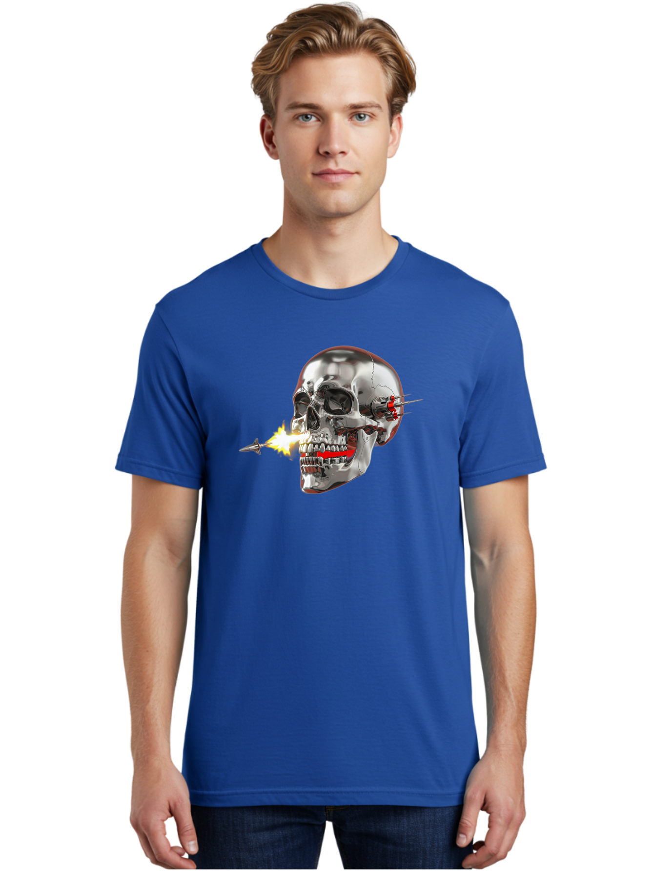Metal-Skull Men'S Graphic Tee, 100% Cotton, Comfortable Casual Summer Wear, Machine Washable, Metal Skull, Robotic Skull, Futuristic Design, Cybernetic Enhancements, Metallic Finish, Sharp Teeth, Red Accents, Sci-Fi Element, Metal Implants, Bad317 23