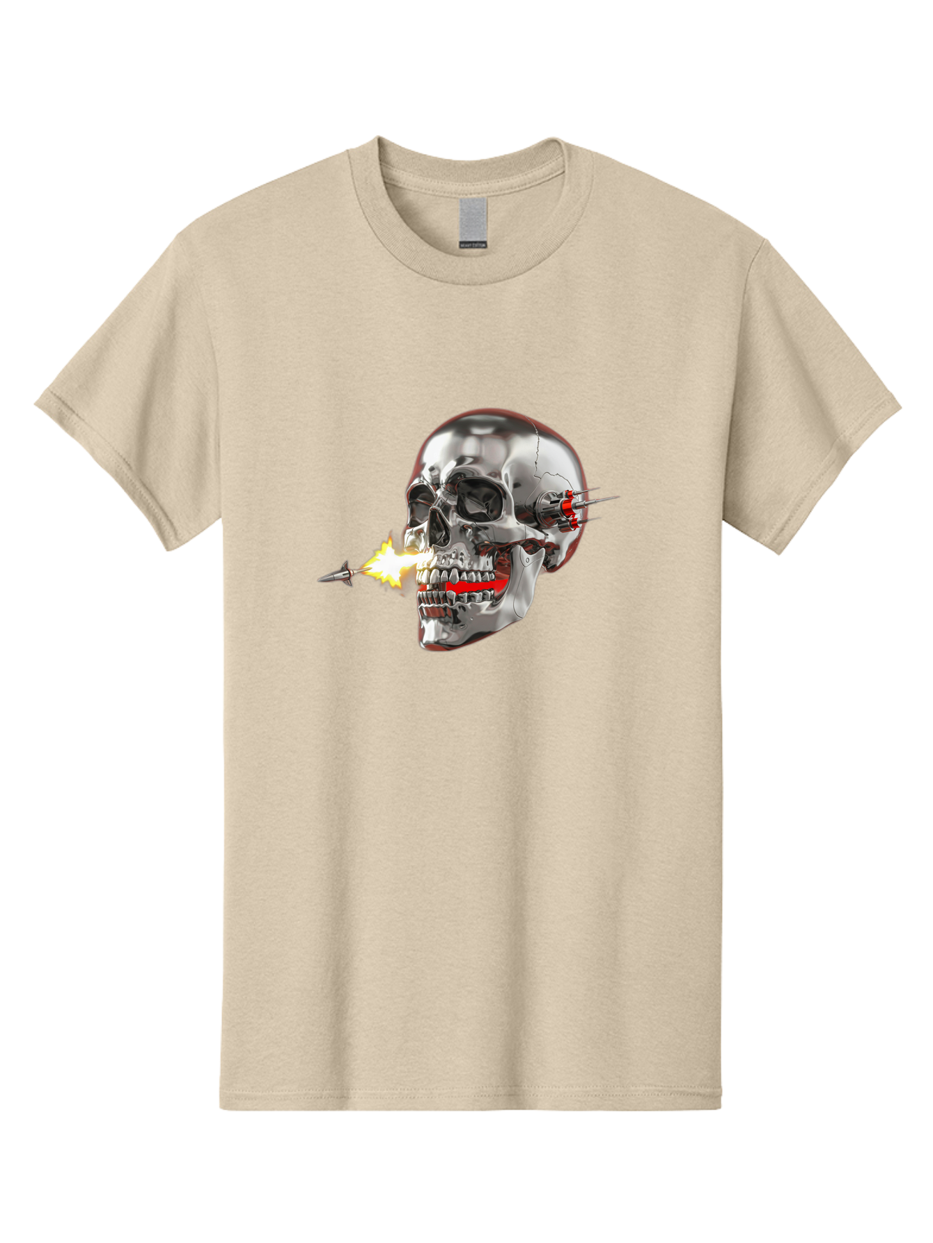 Metal-Skull Men'S Graphic Tee, 100% Cotton, Comfortable Casual Summer Wear, Machine Washable, Metal Skull, Robotic Skull, Futuristic Design, Cybernetic Enhancements, Metallic Finish, Sharp Teeth, Red Accents, Sci-Fi Element, Metal Implants, Bad317 2